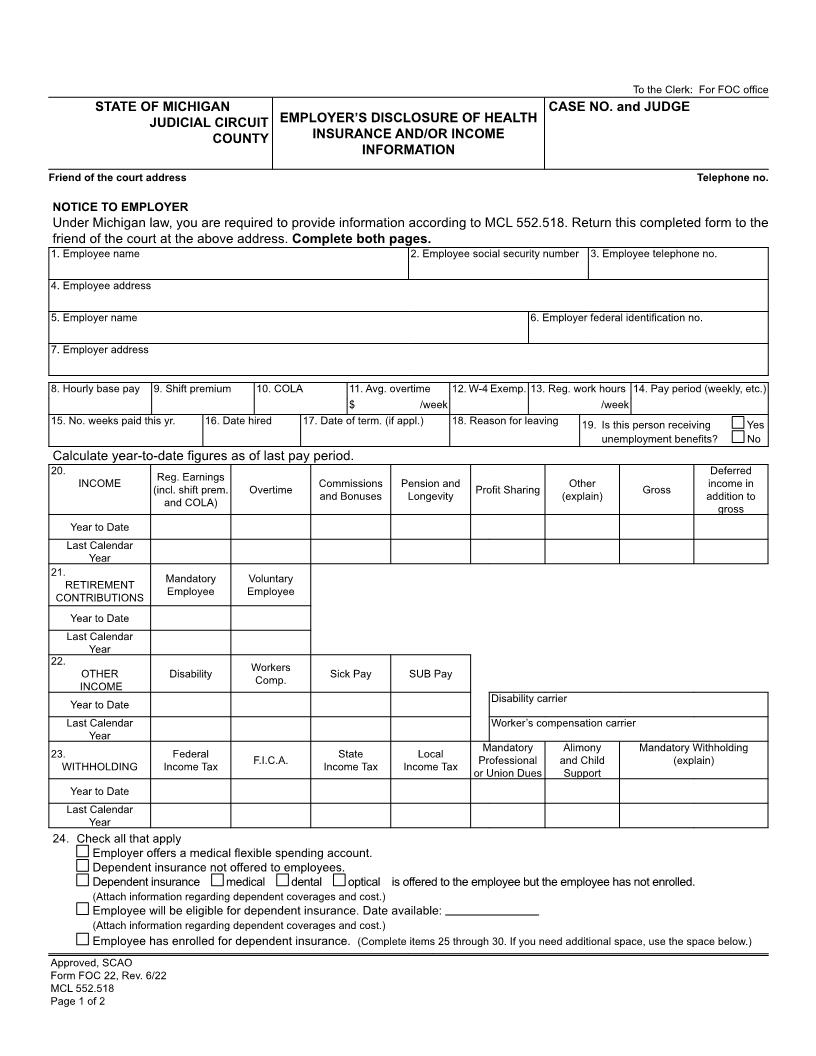 Employers Disclosure Of Health Insurance And Or Income Information {FOC 22} | Pdf Fpdf Doc Docx | Michigan