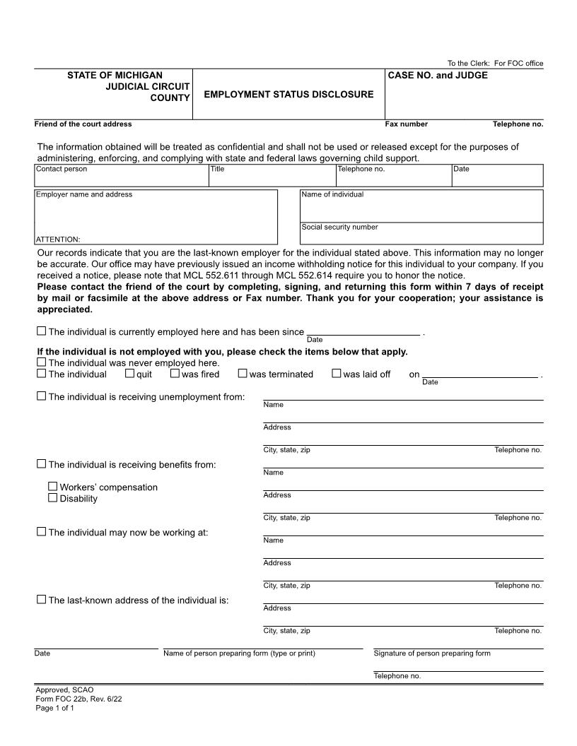 Employment Status Disclosure {FOC 22b} | Pdf Fpdf Doc Docx | Michigan