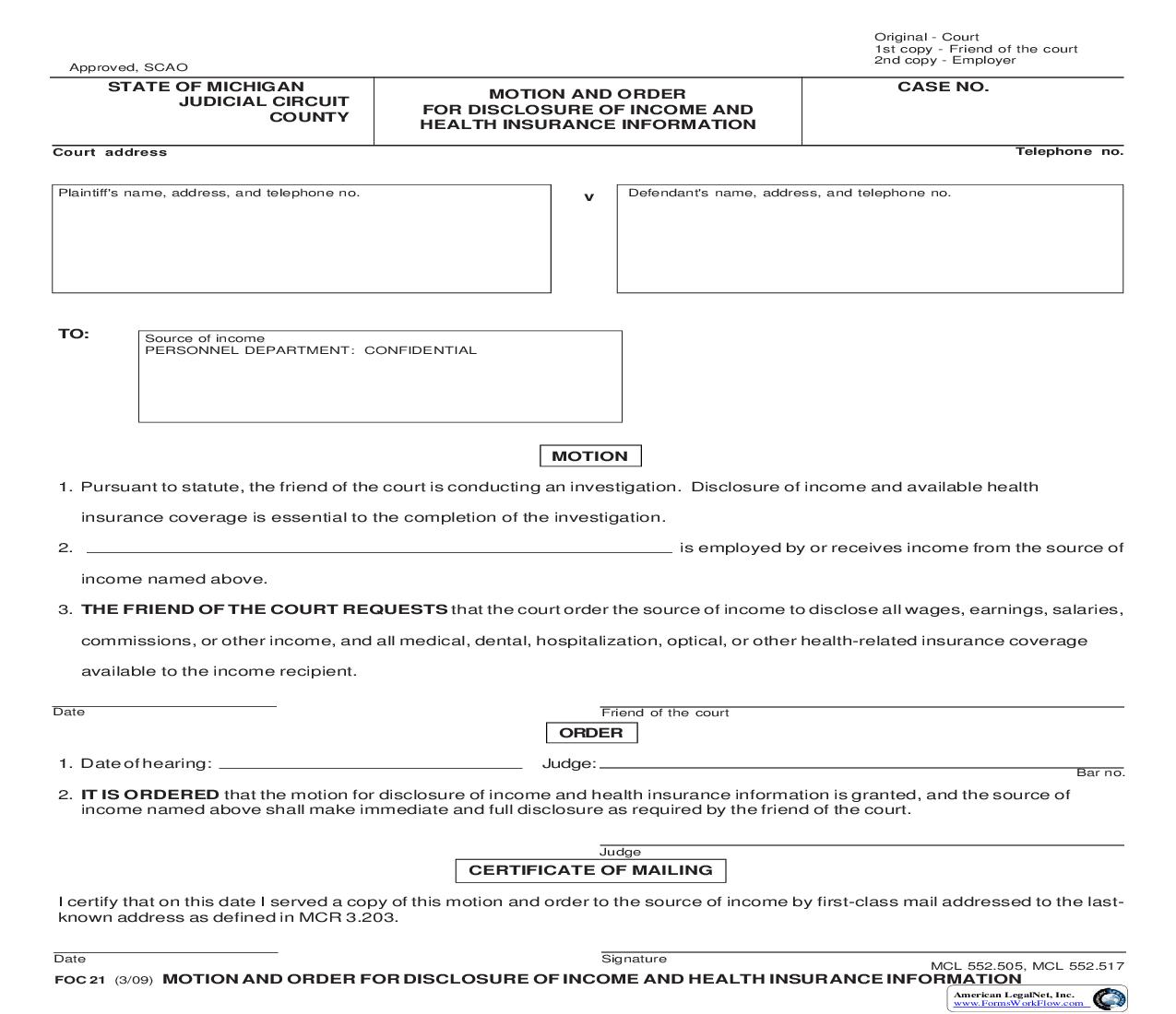 Motion And Order For Disclosure Of Income And Health Insurance Information {FOC 21} | Pdf Fpdf Doc Docx | Michigan