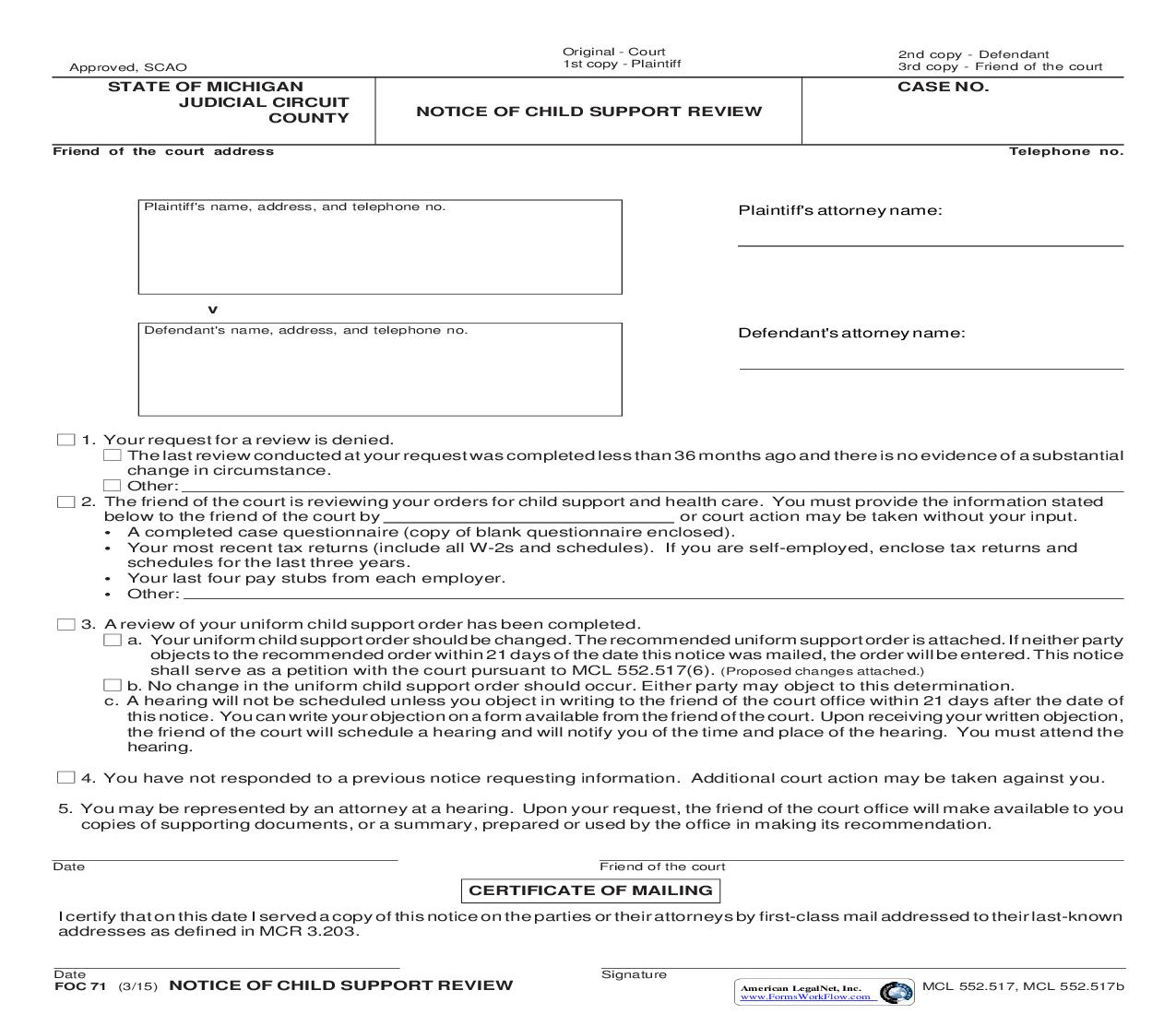 Notice Of Child Support Review {FOC 71} | Pdf Fpdf Doc Docx | Michigan