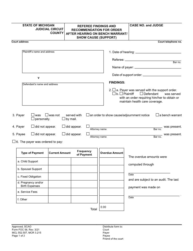 Referee Findings-Recommendation For Order After Hearing On Bench Warrant {FOC 56} | Pdf Fpdf Doc Docx | Michigan