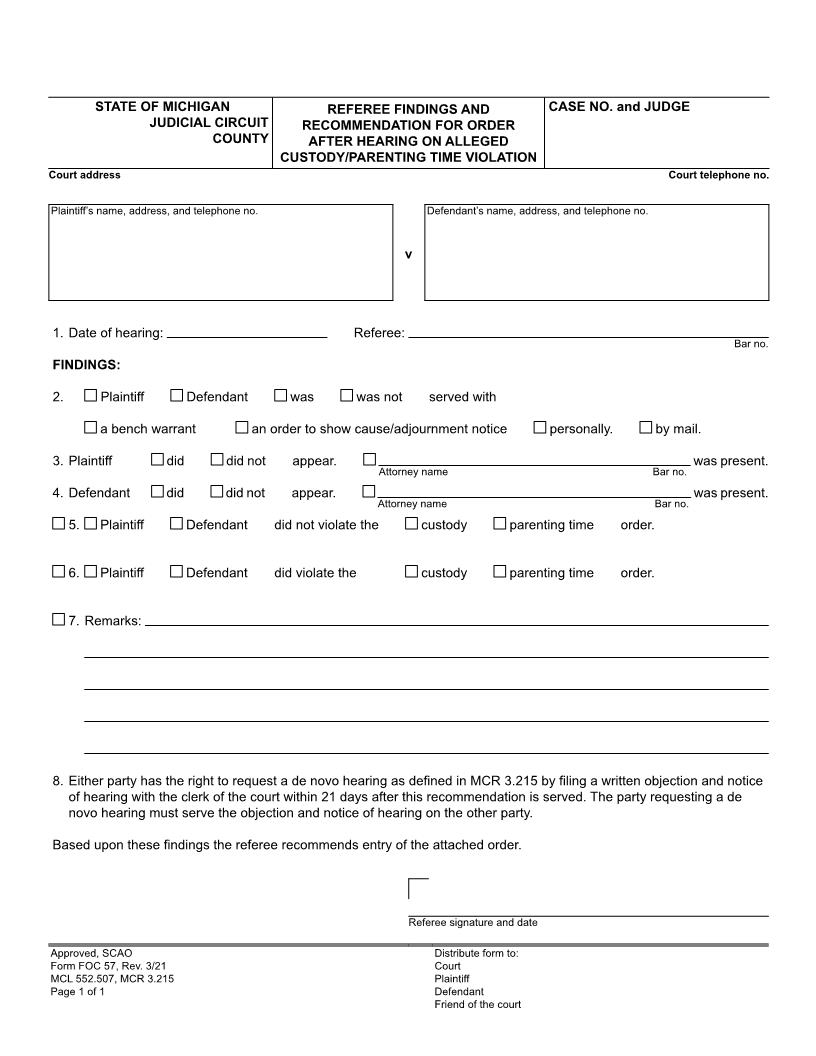 Referee Findings-Recommendation-Order After Hearing On Alleged Custody {FOC 57} | Pdf Fpdf Doc Docx | Michigan