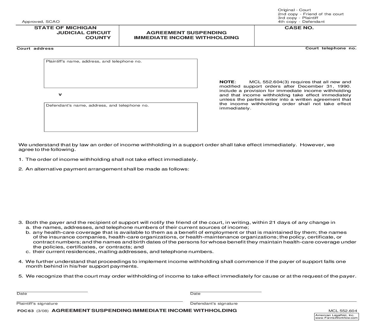 Agreement Suspending Immediate Income Withholding {FOC 63} | Pdf Fpdf Doc Docx | Michigan
