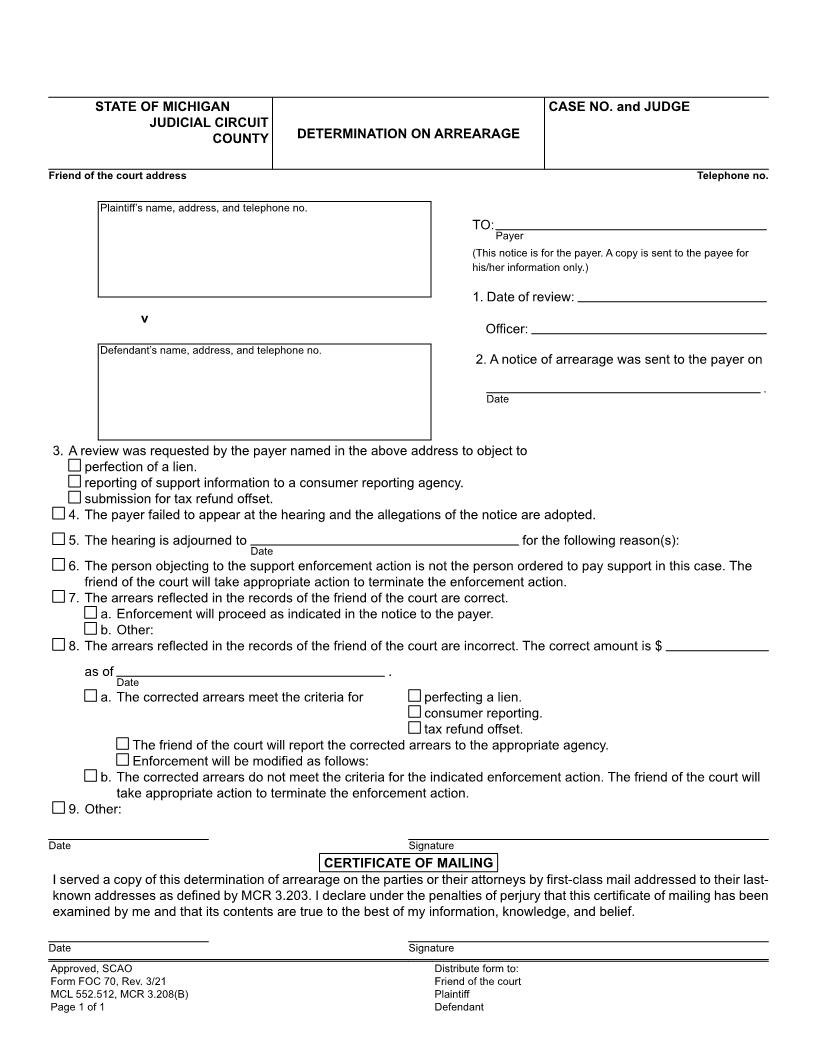 Determination On Arrearage {FOC 70} | Pdf Fpdf Doc Docx | Michigan