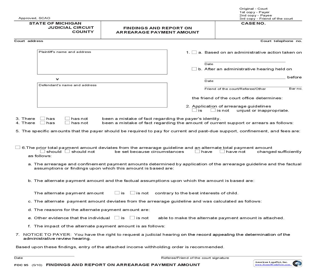 Findings And Report On Arrearage Payment Amount {FOC 95} | Pdf Fpdf Doc Docx | Michigan