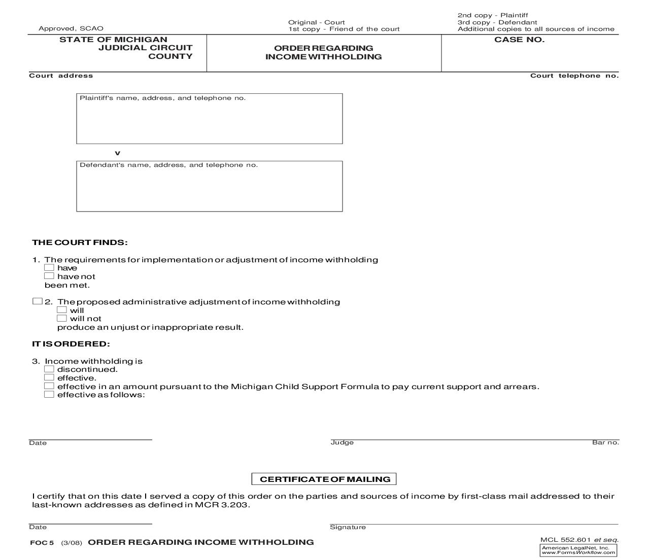 Income Withholding Order {FOC 5} | Pdf Fpdf Doc Docx | Michigan