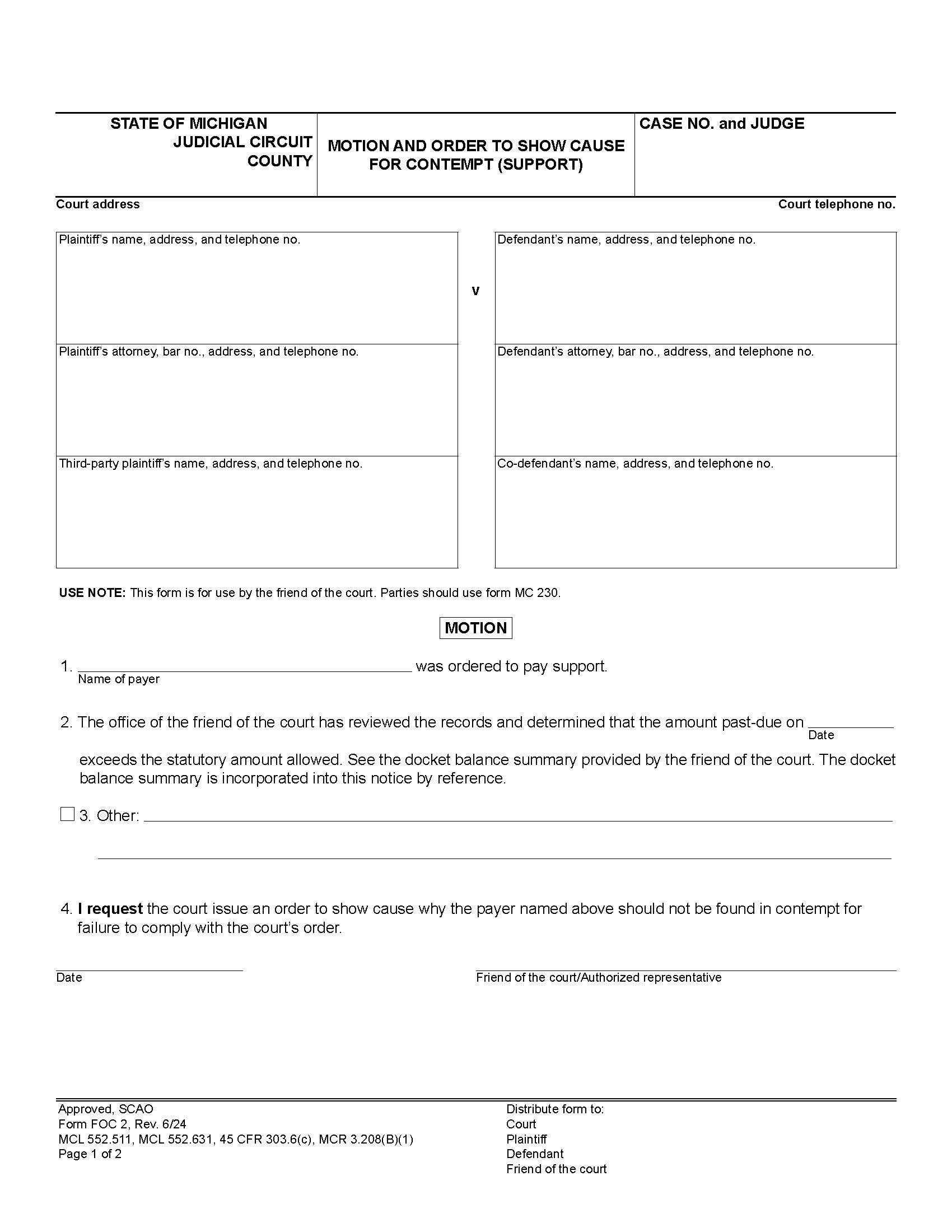 Motion And Order To Show Cause For Contempt (Support) {FOC 2} | Pdf Fpdf Docx | Michigan