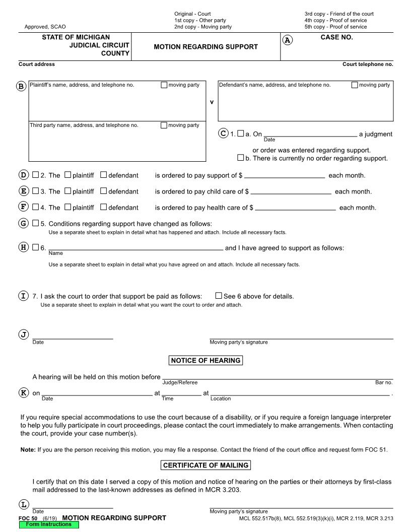 Motion Regarding Support {FOC 50} | Pdf Fpdf Doc Docx | Michigan