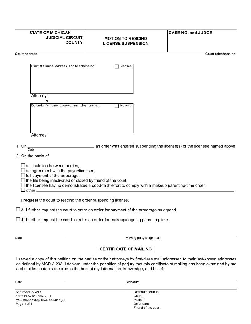 Motion To Rescind License Suspension {FOC 85} | Pdf Fpdf Doc Docx | Michigan