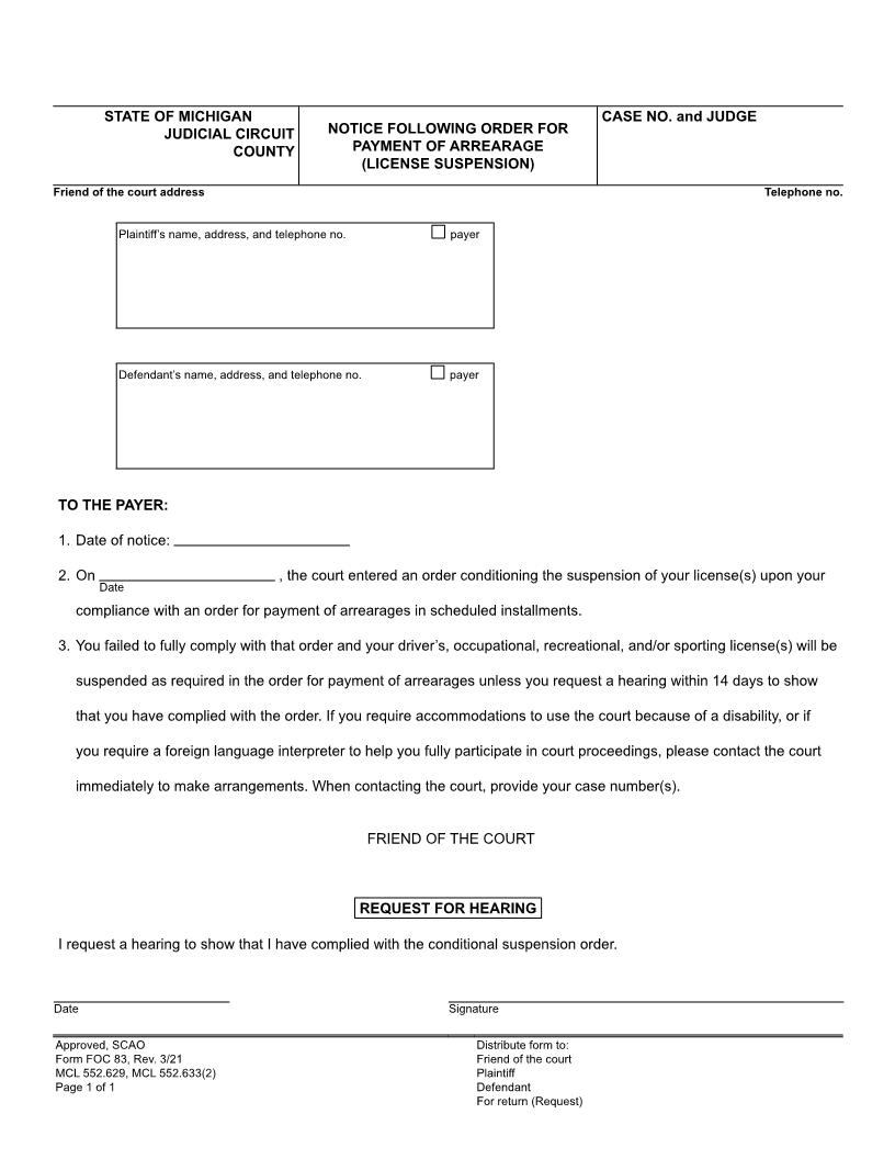 Notice Following Order For Payment Of Arrearage (License Suspension) {FOC 83} | Pdf Fpdf Doc Docx | Michigan