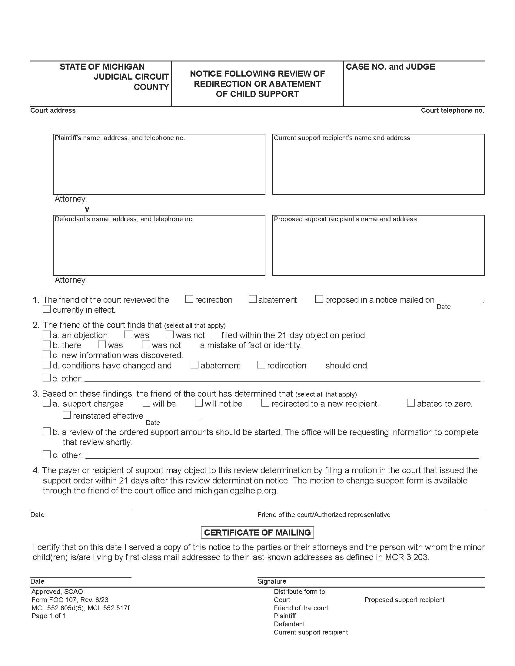 Notice Following Review Of Redirecting Or Abatement Of Child Support {FOC 107} | Pdf Fpdf Docx | Michigan