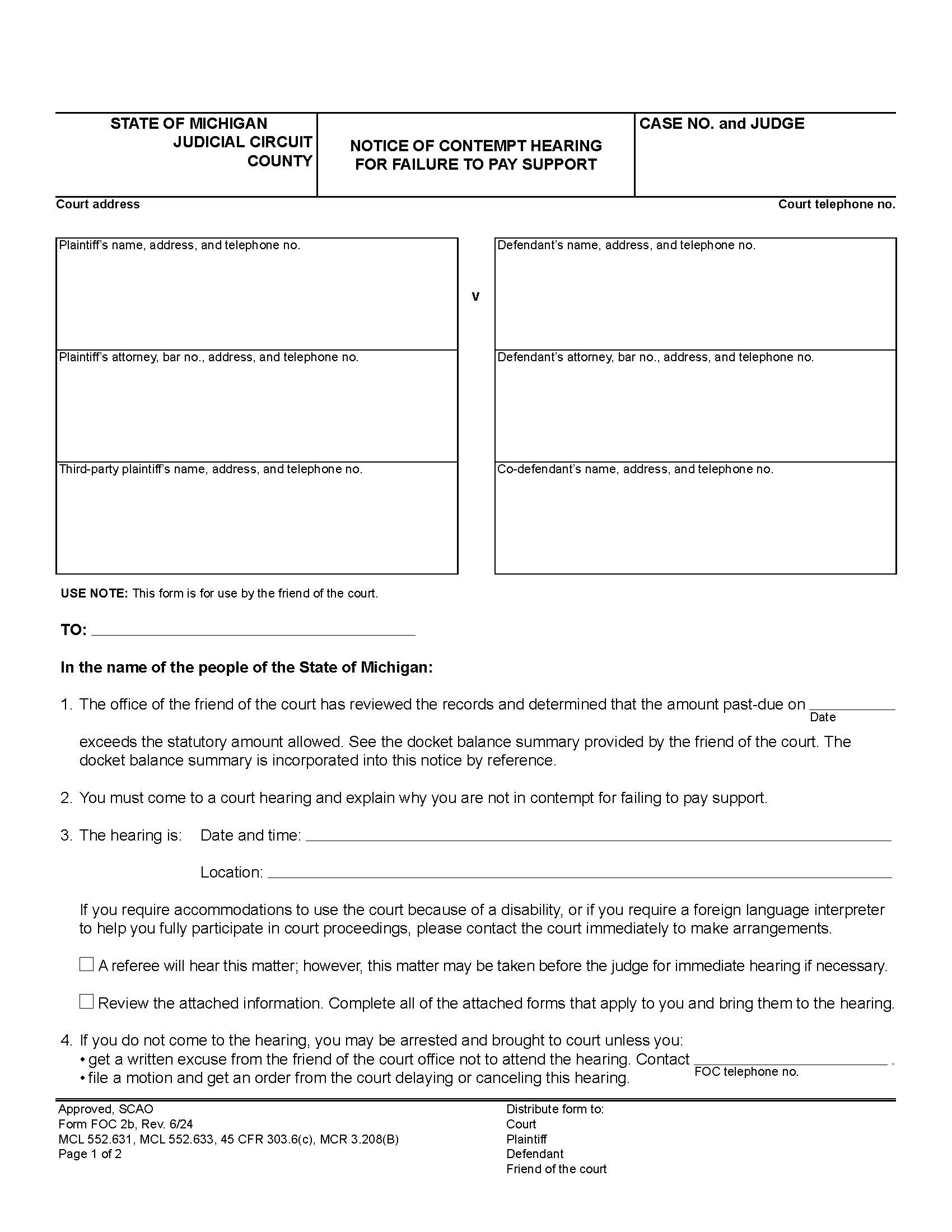 Notice Of Contempt Hearing For Failure To Pay Support {FOC 2b} | Pdf Fpdf Docx | Michigan