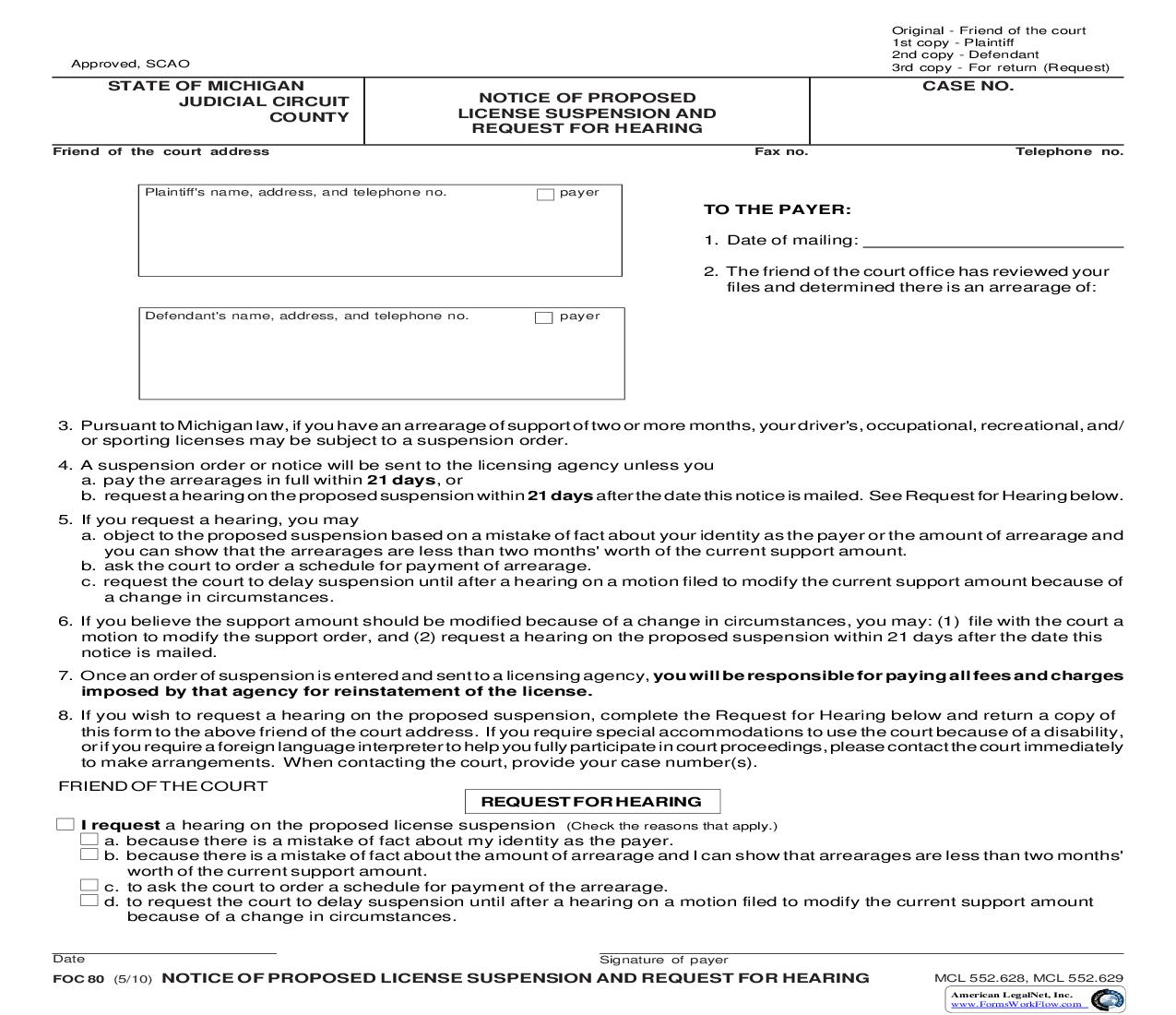 Notice Of Proposed License Suspension And Request For Hearing {FOC 80} | Pdf Fpdf Doc Docx | Michigan