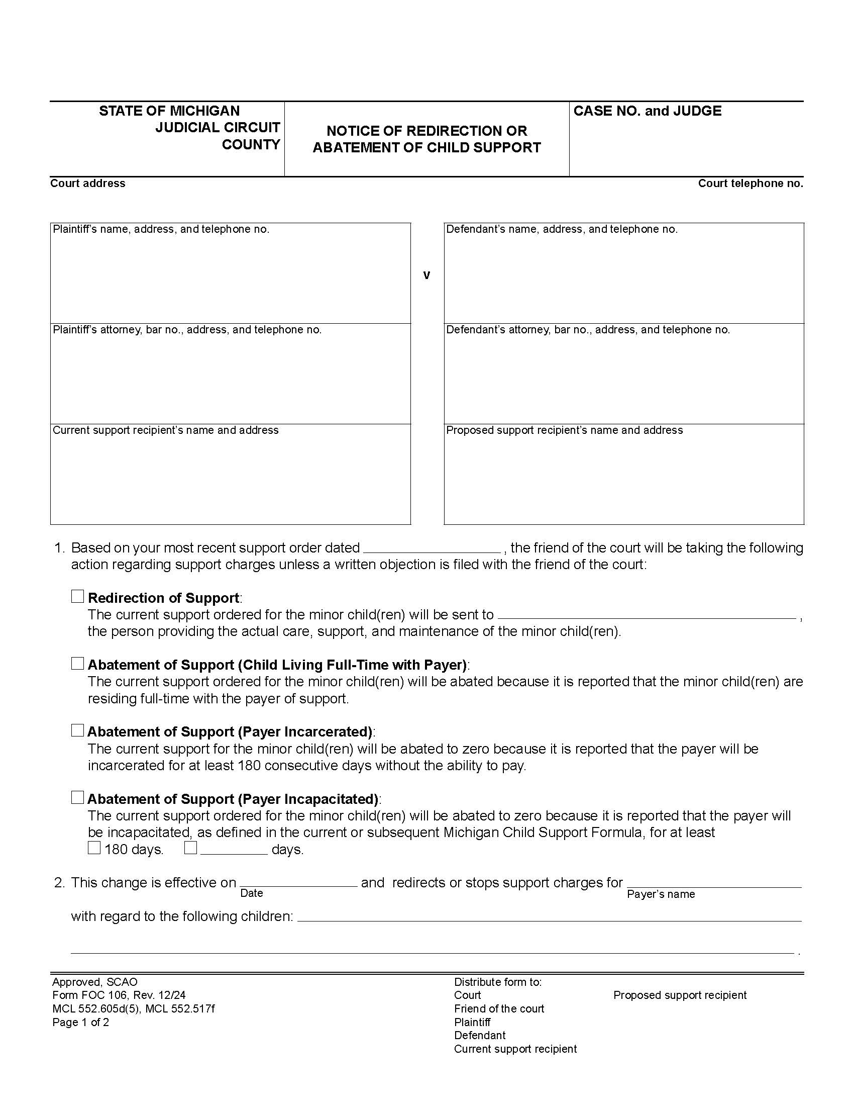 Notice Of Redirection Or Abatement Of Child Support {FOC 106} | Pdf Fpdf Docx | Michigan