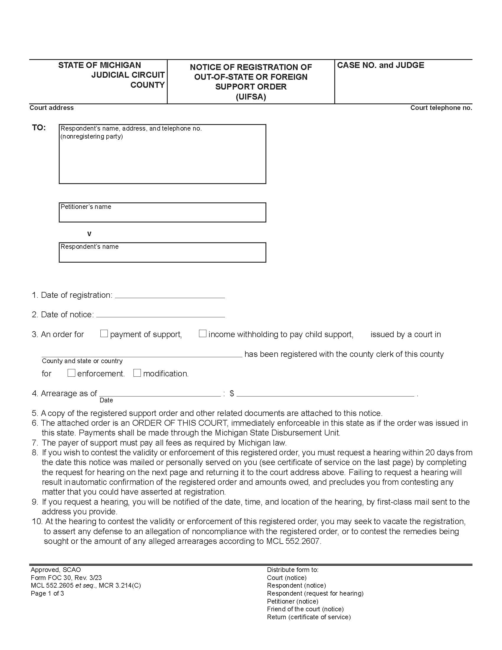 Notice Of Registration Of Out Of State Support Order (UIFSA) {FOC 30} | Pdf Fpdf Doc Docx | Michigan