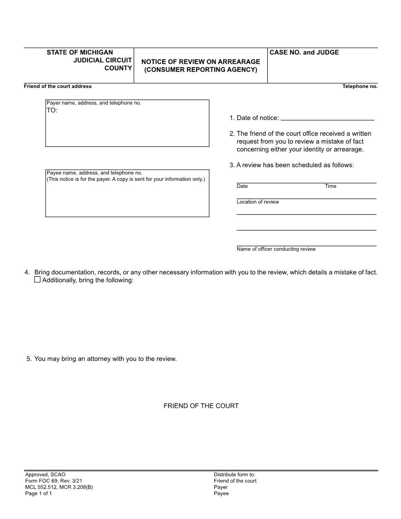 Notice Of Review On Arrearage (Consumer Reporting Agency) {FOC 69} | Pdf Fpdf Doc Docx | Michigan