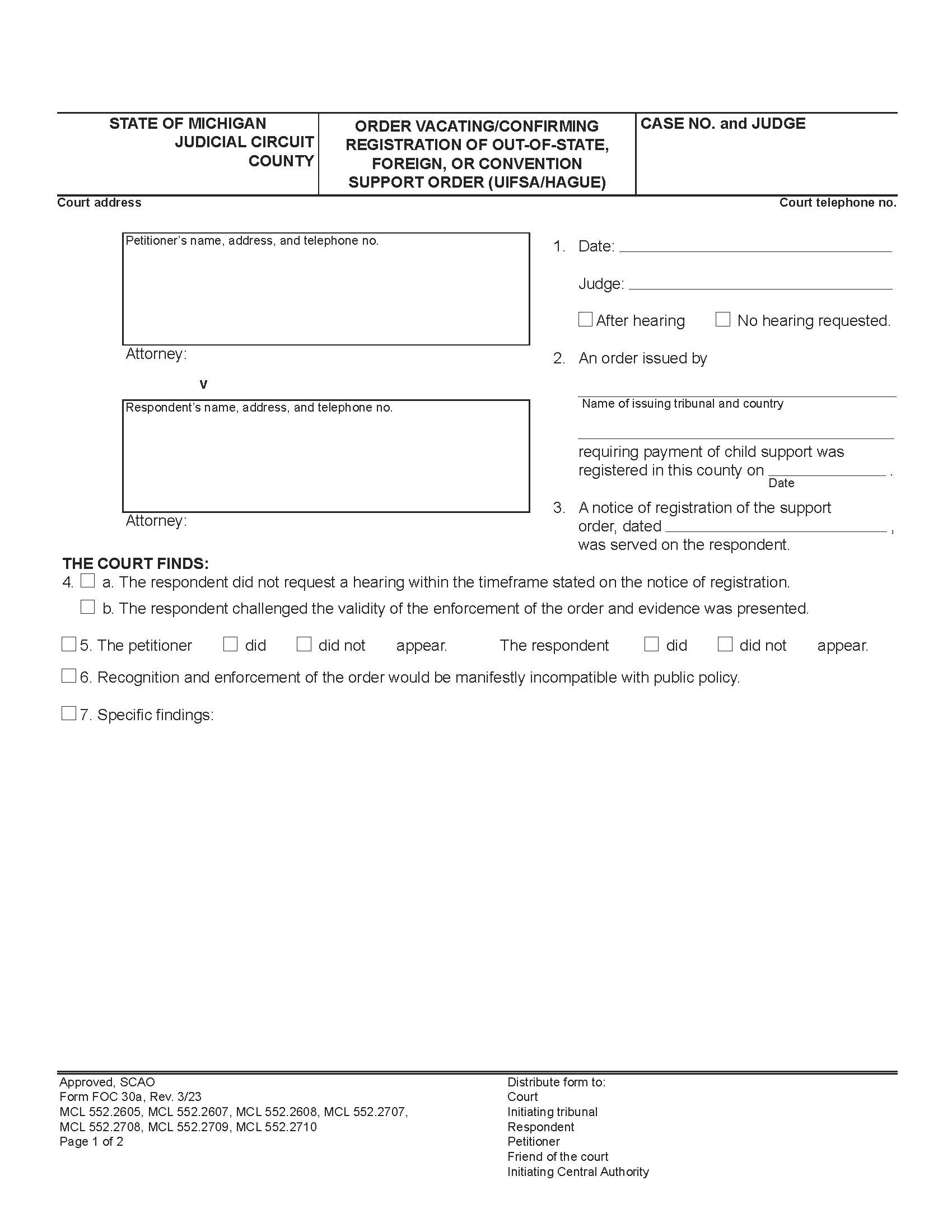 Order Confirming Registration Of Out Of State Support Order (UIFSA) {FOC 30a} | Pdf Fpdf Doc Docx | Michigan