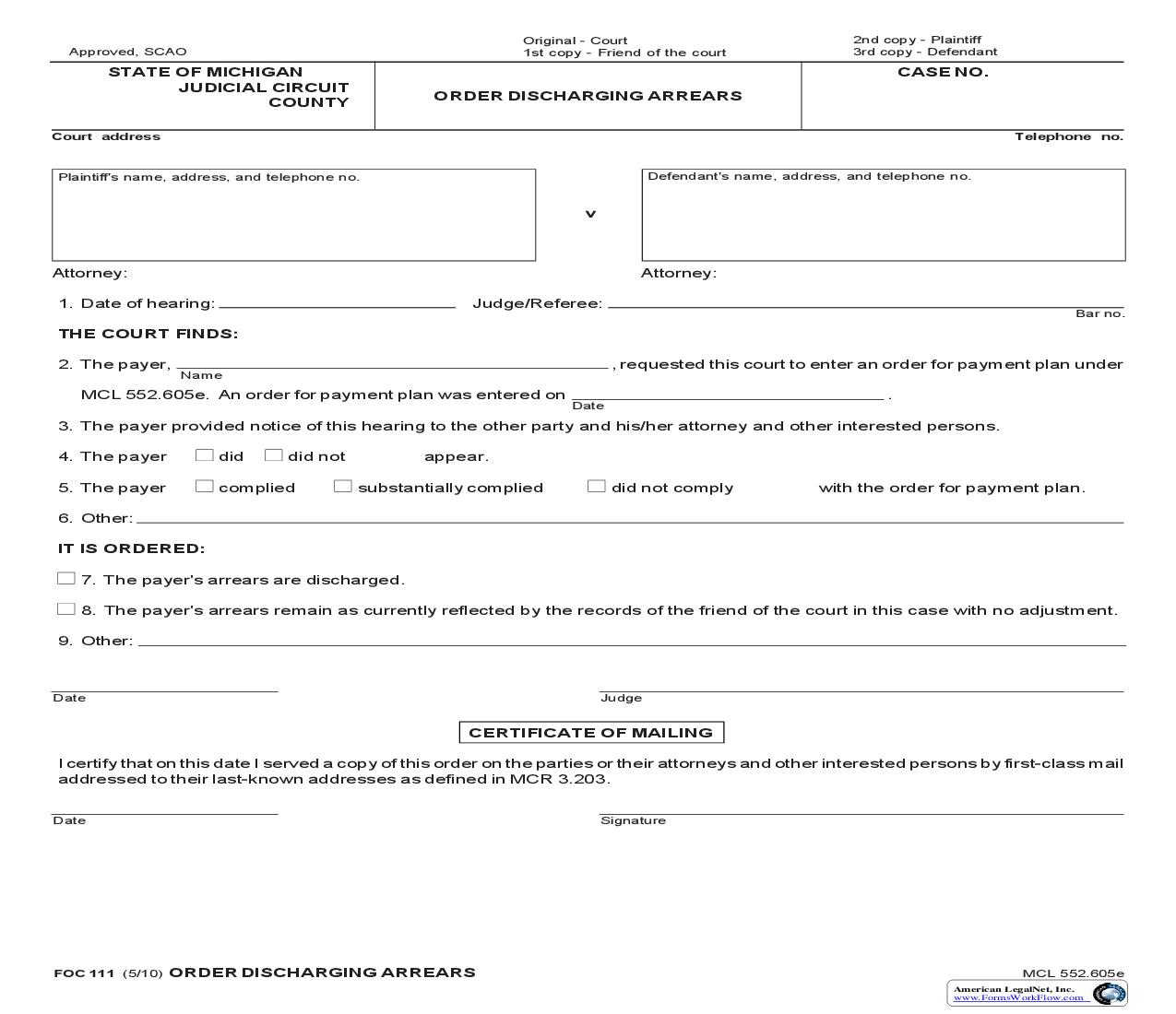 Order Discharging Arrears {FOC 111} | Pdf Fpdf Doc Docx | Michigan