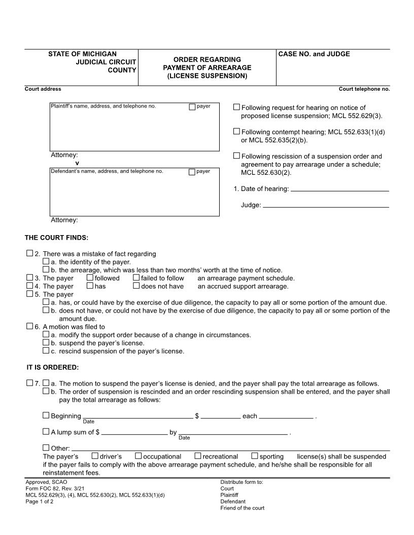Order Regarding Payment Of Arrearage (License Suspension) {FOC 82} | Pdf Fpdf Doc Docx | Michigan