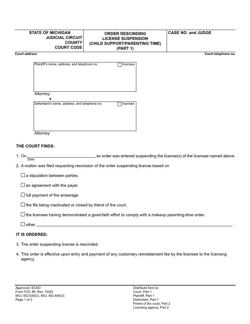 Order Rescinding License Suspension (Child Support Or Parenting Time) {FOC 86} | Pdf Fpdf Doc Docx | Michigan