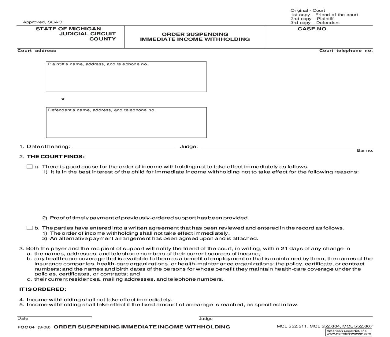 Order Suspending Immediate Income Withholding {FOC 64} | Pdf Fpdf Doc Docx | Michigan