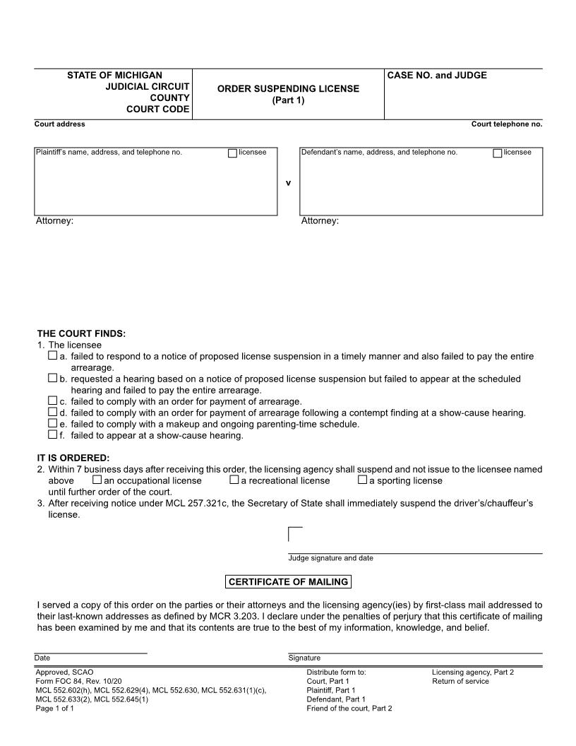 Order Suspending License (Child Support Or Parenting Time) {FOC 84} | Pdf Fpdf Doc Docx | Michigan