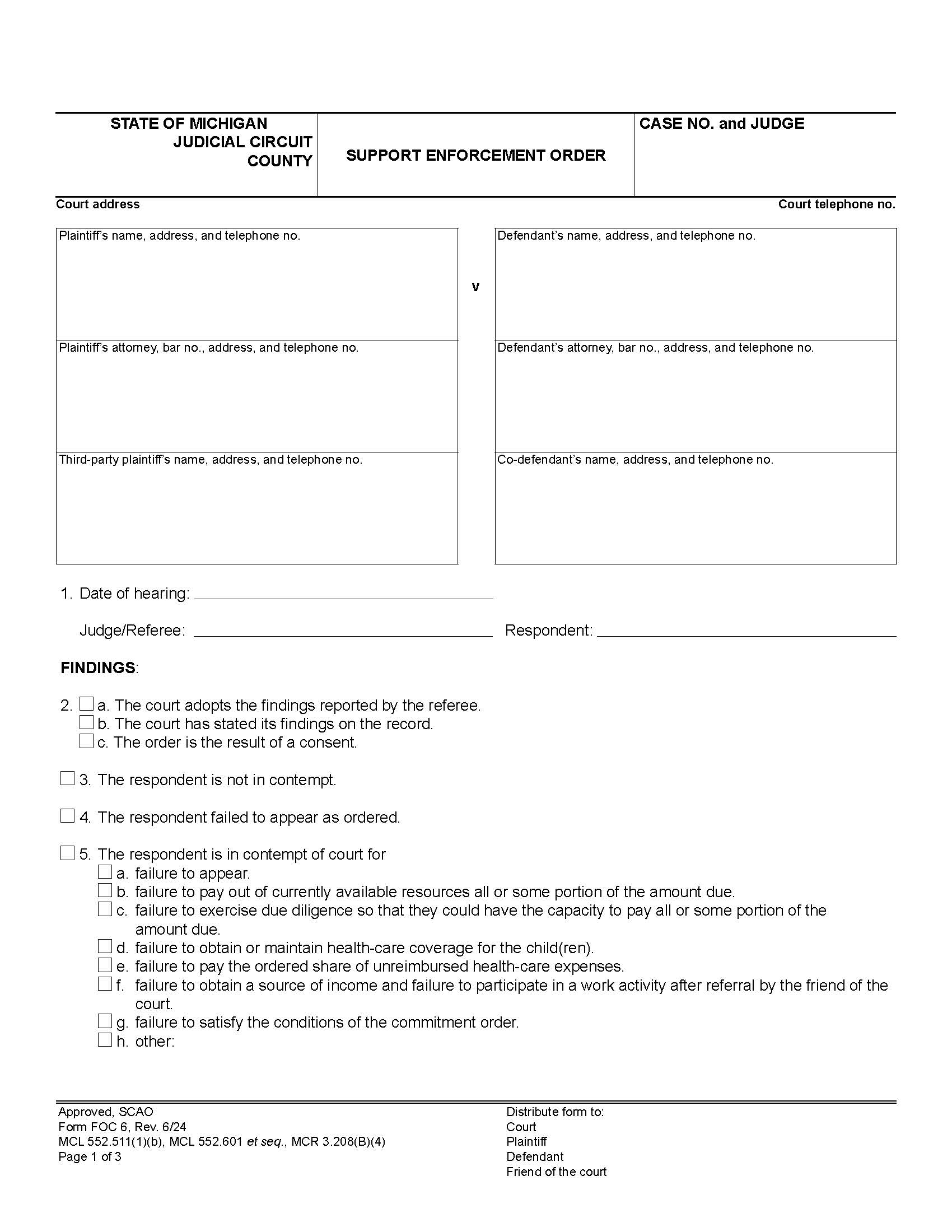 Support Enforcement Order {FOC 6} | Pdf Fpdf Doc Docx | Michigan