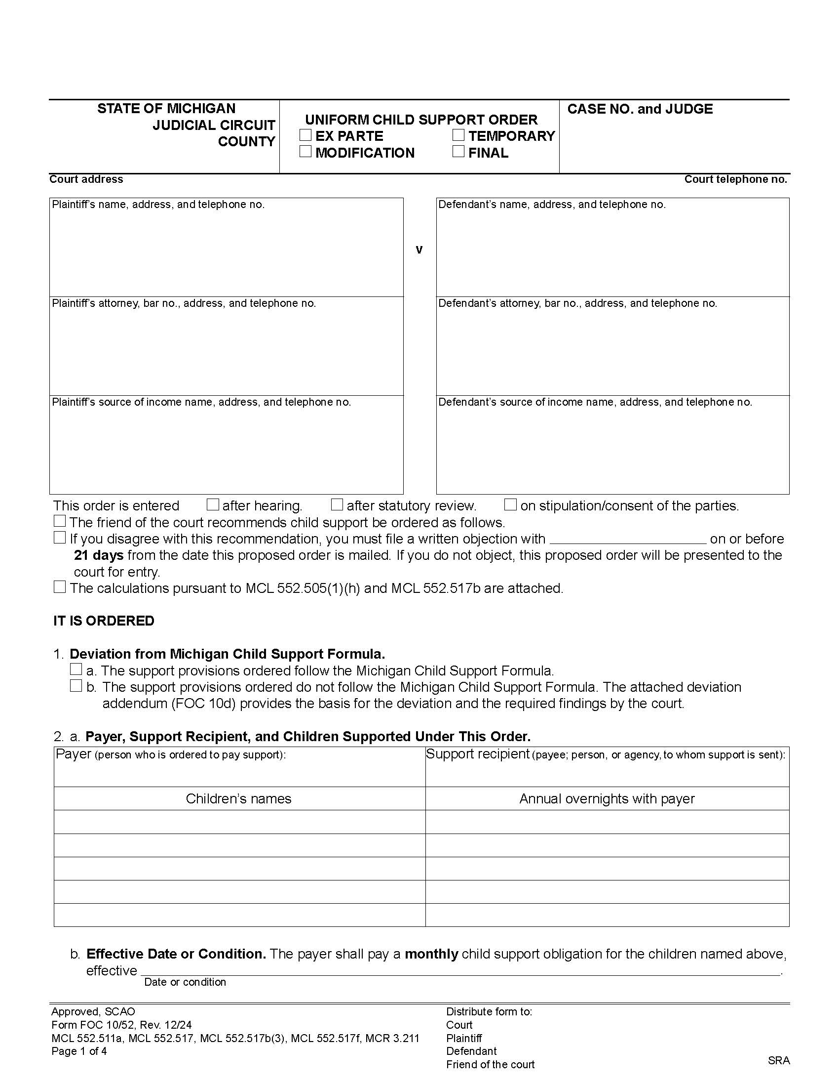 Uniform Child Support Order {FOC 10} | Pdf Fpdf Docx | Michigan