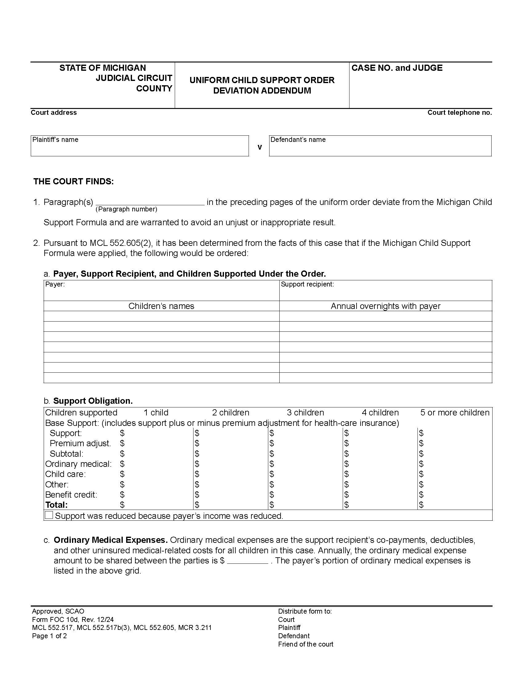 Uniform Child Support Order Deviation Addendum {FOC 10d} | Pdf Fpdf Docx | Michigan