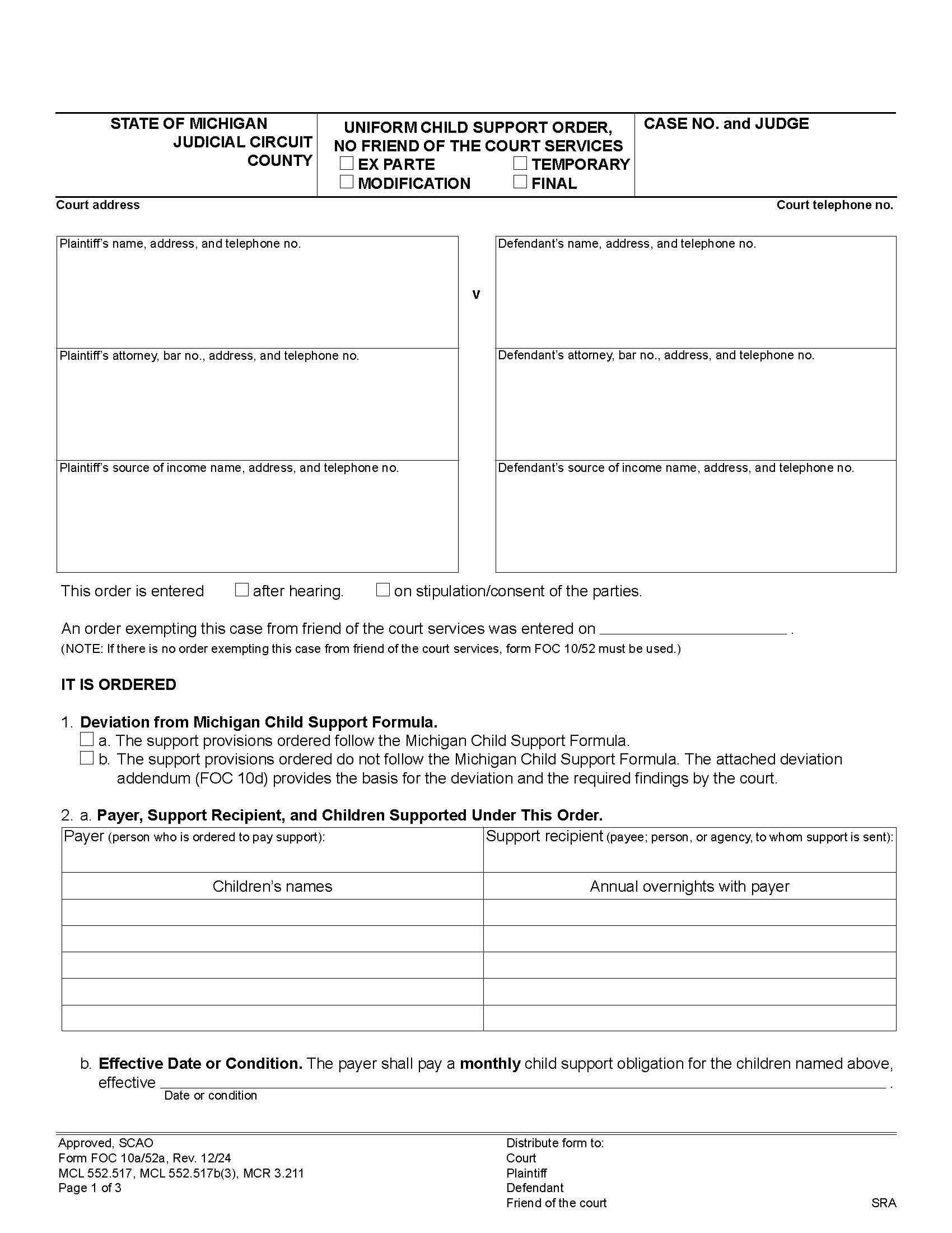 Uniform Child Support Order-No Friend Of Court Services {FOC 10a} | Pdf Fpdf Docx | Michigan