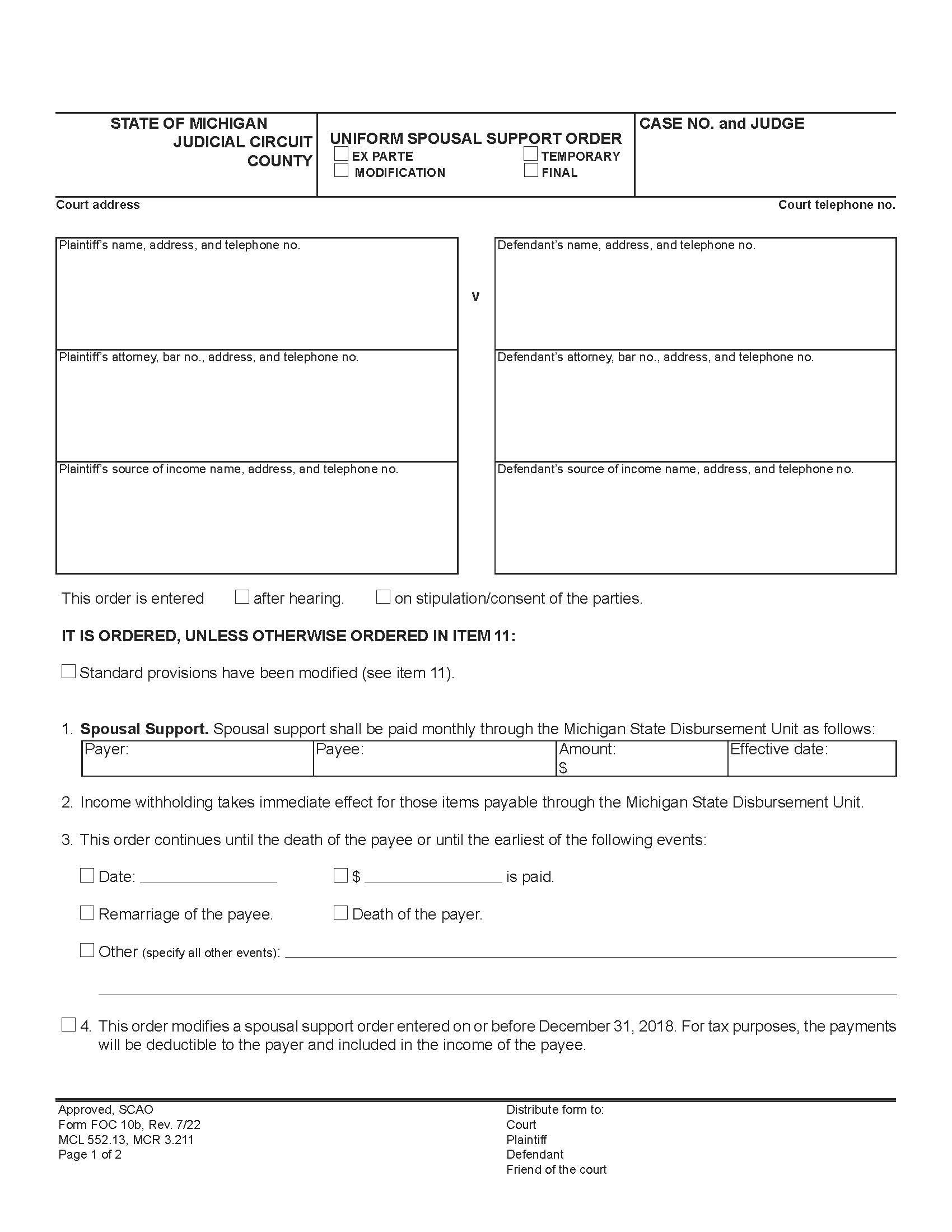 Uniform Spousal Support Order - Modification {FOC 10b} | Pdf Fpdf Doc Docx | Michigan