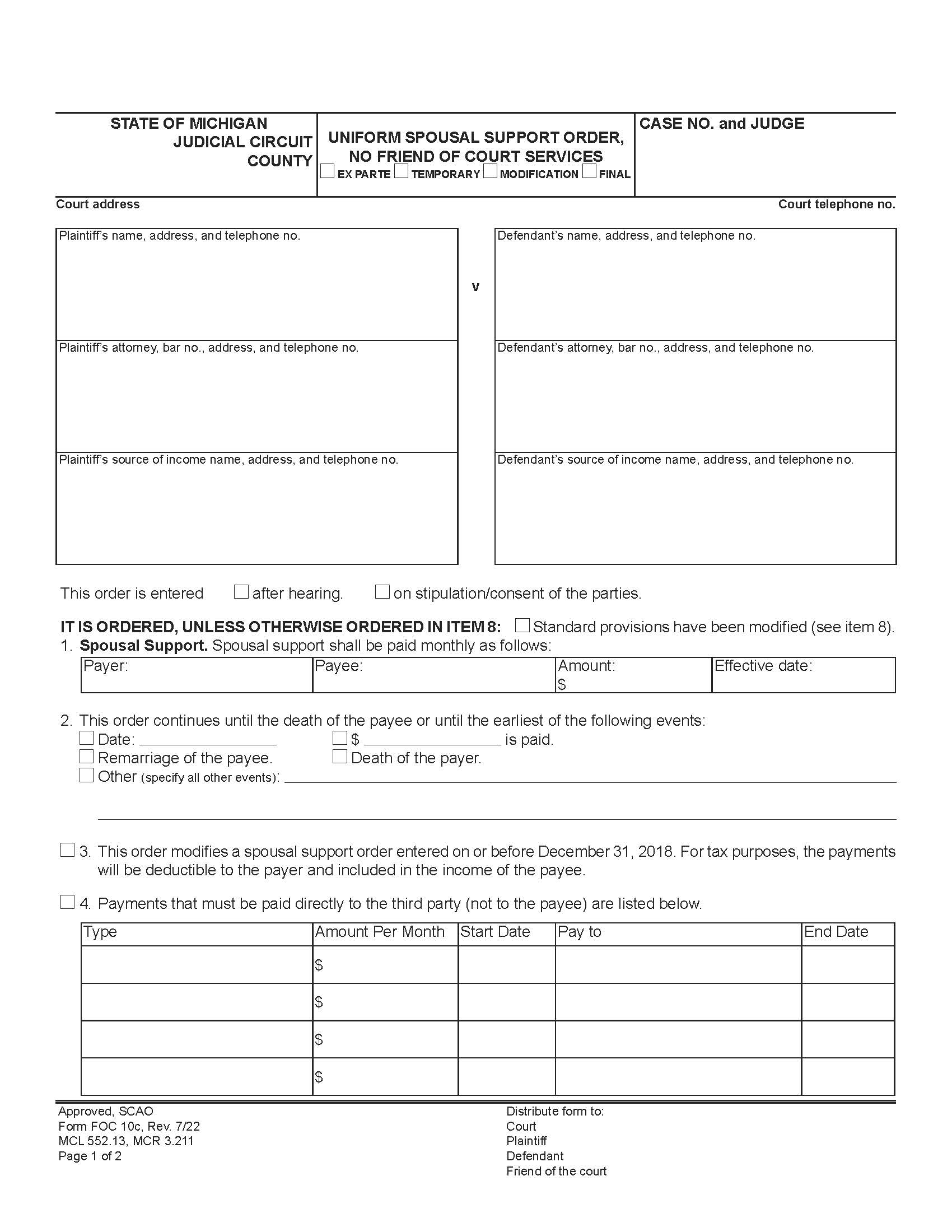 Uniform Spousal Support Order - Modification - Not Friend Of Court {FOC 10c} | Pdf Fpdf Doc Docx | Michigan