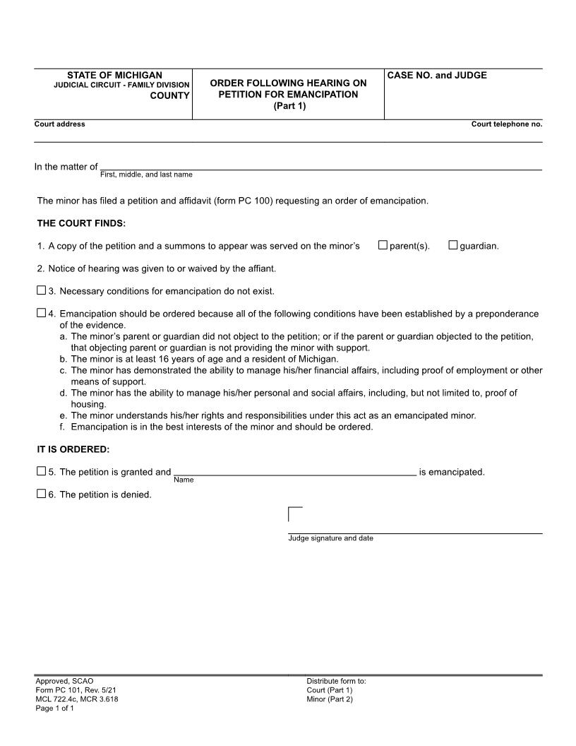 Order Following Hearing On Petition For Emancipation {PC 101} | Pdf Fpdf Doc Docx | Michigan