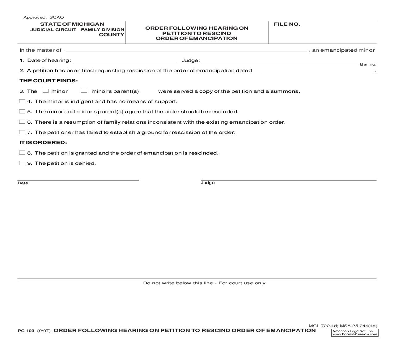 Order Following Hearing On Petition To Rescind Order Of Emancipation {PC 103} | Pdf Fpdf Doc Docx | Michigan