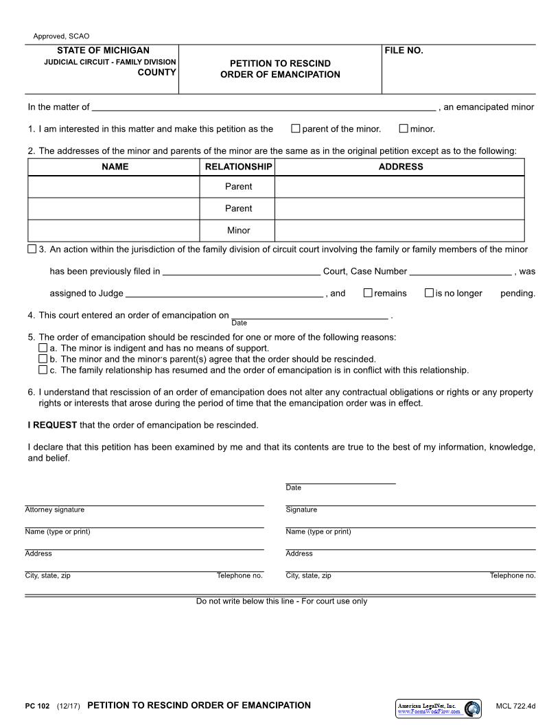 Petition To Rescind Order Of Emancipation {PC 102} | Pdf Fpdf Docx | Michigan