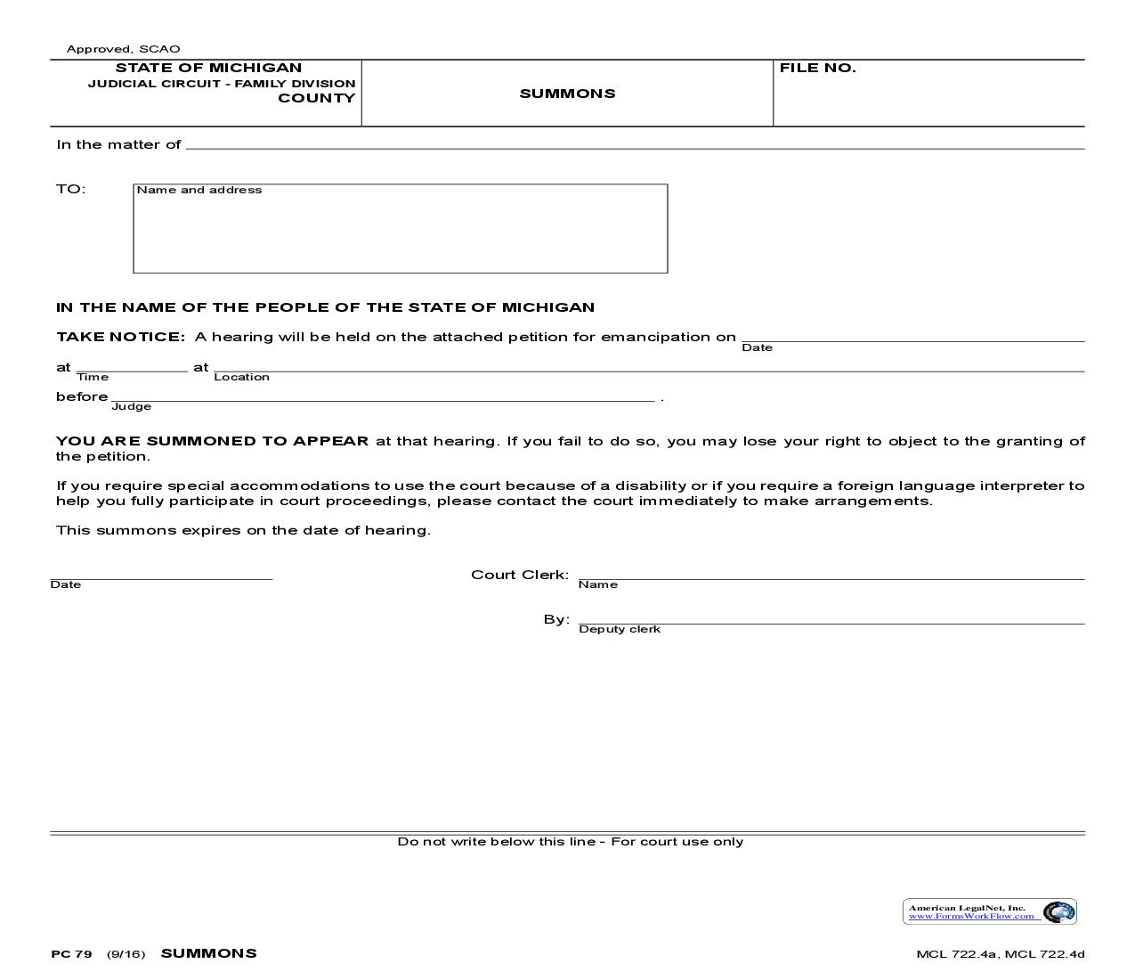 Summons {PC 79} | Pdf Fpdf Doc Docx | Michigan