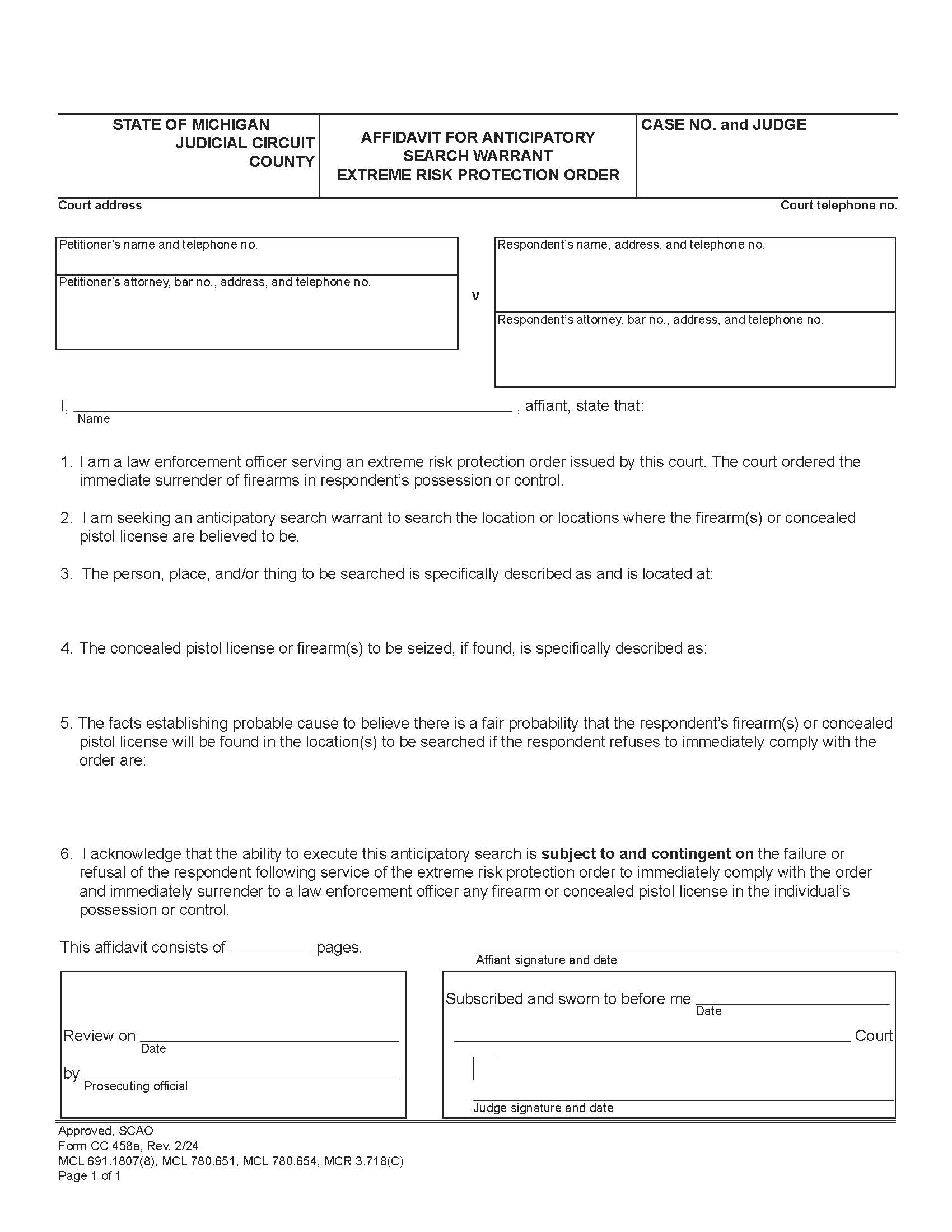 Affidavit For Anticipatory Search Warrant {CC 458a} | Pdf Fpdf Docx | Michigan