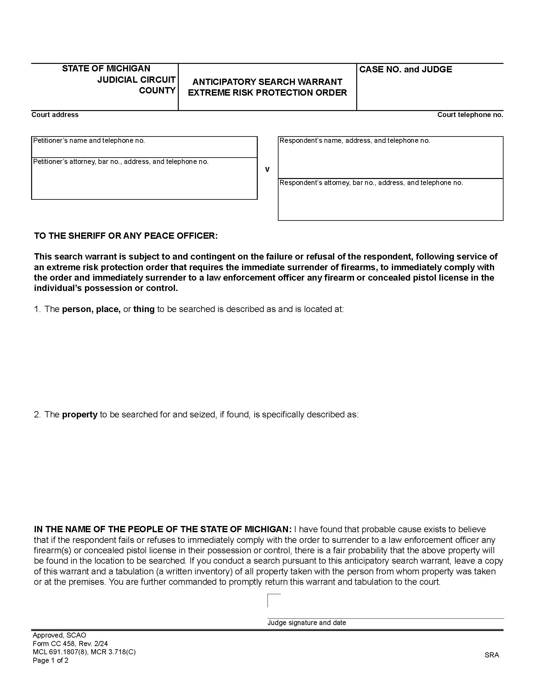 Anticipatory Search Warrant {CC 458} | Pdf Fpdf Docx | Michigan