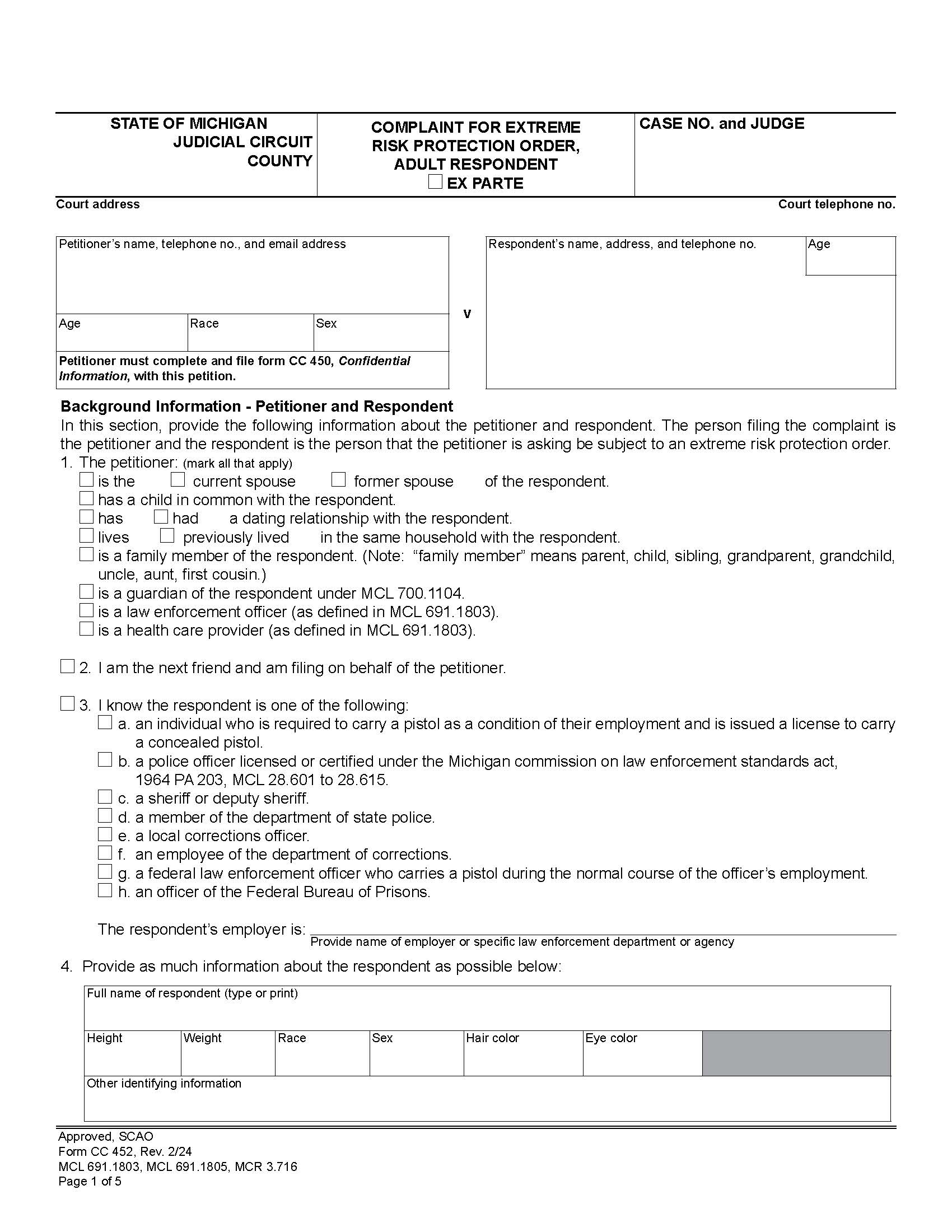 Complaint For Extreme Risk Protection Order Adult Respondent {CC 452} | Pdf Fpdf Docx | Michigan
