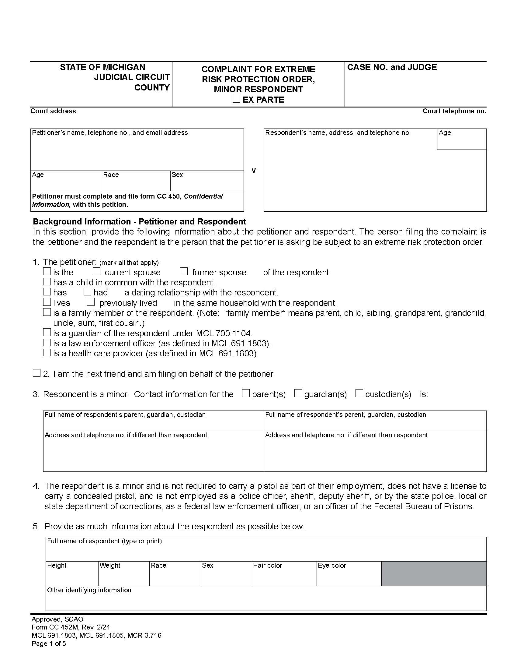 Complaint For Extreme Risk Protection Order Minor Respondent {CC 452M} | Pdf Fpdf Docx | Michigan