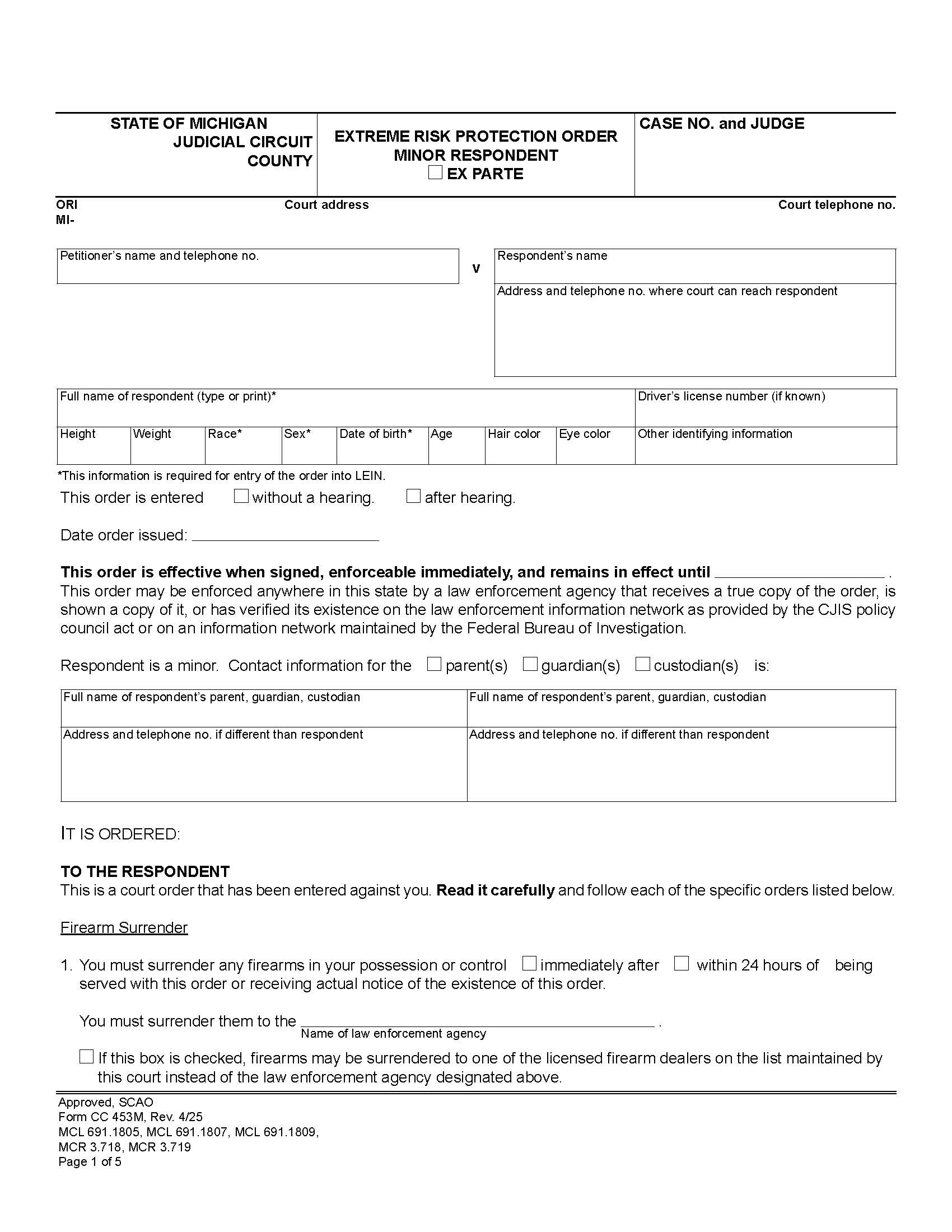 Extreme Protection Order Minor Respondent {CC 453M} | Pdf Fpdf Docx | Michigan