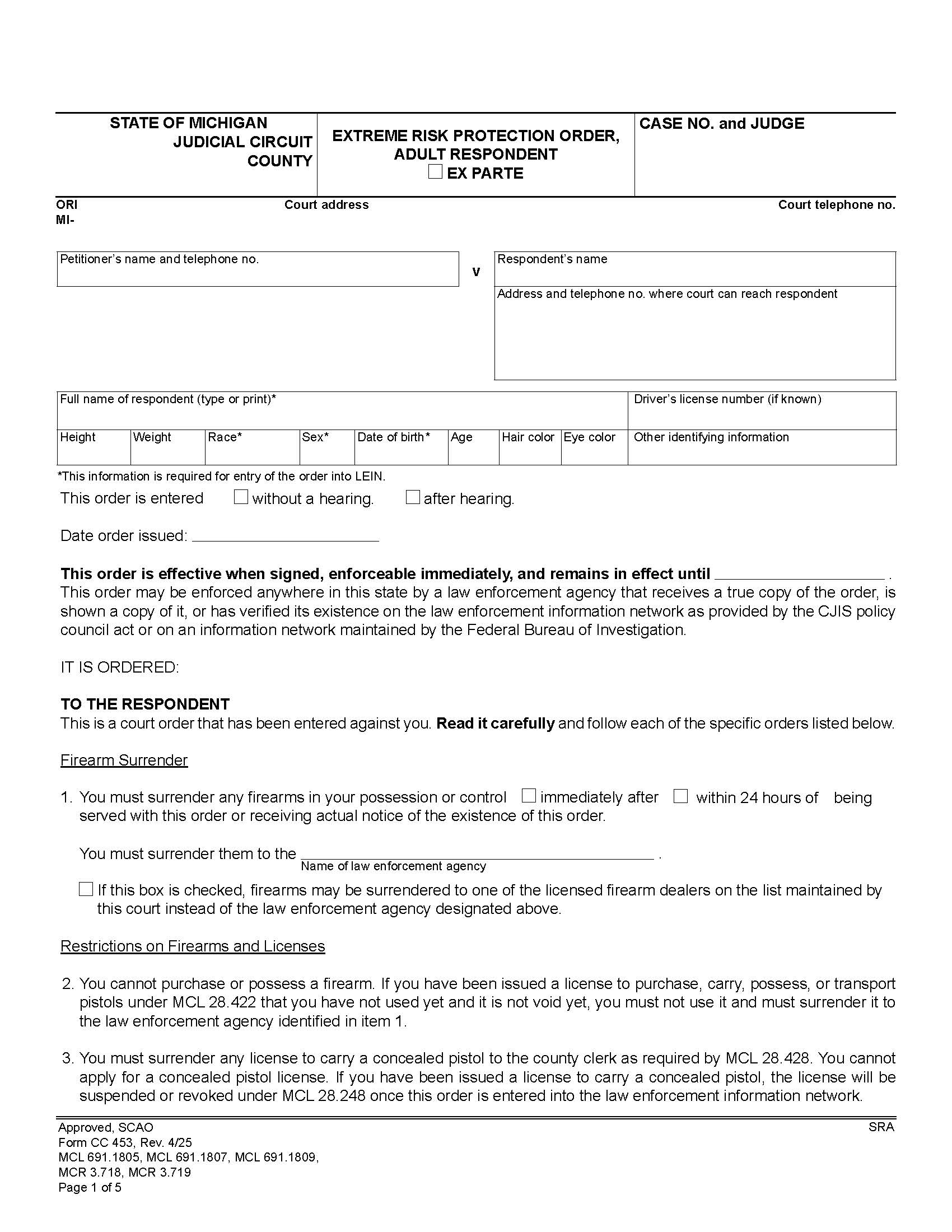 Extreme Risk Protection Order Adult Respondent {CC 453} | Pdf Fpdf Docx | Michigan