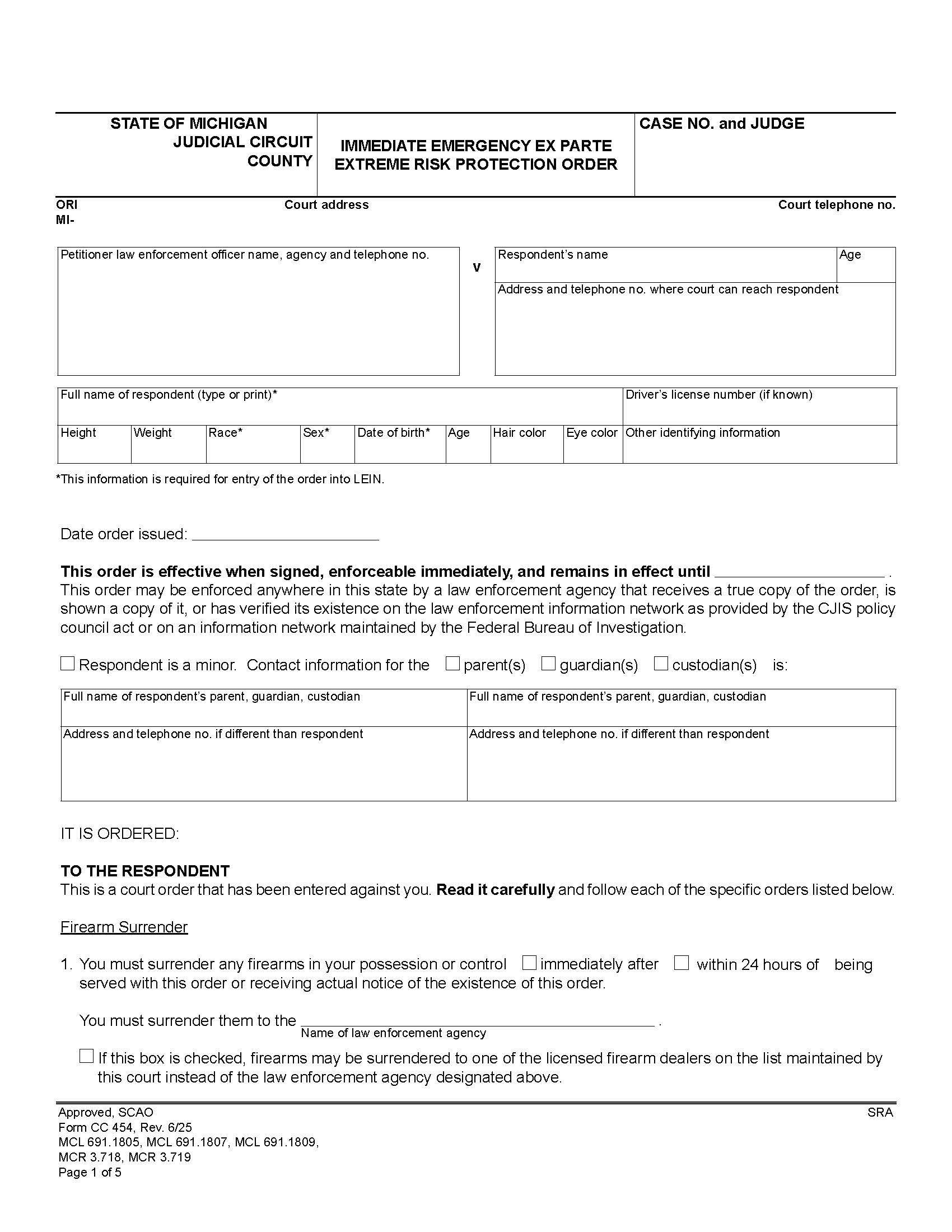 Immediate Emergency Ex Parte Extreme Risk Protection Order {CC 454} | Pdf Fpdf Docx | Michigan