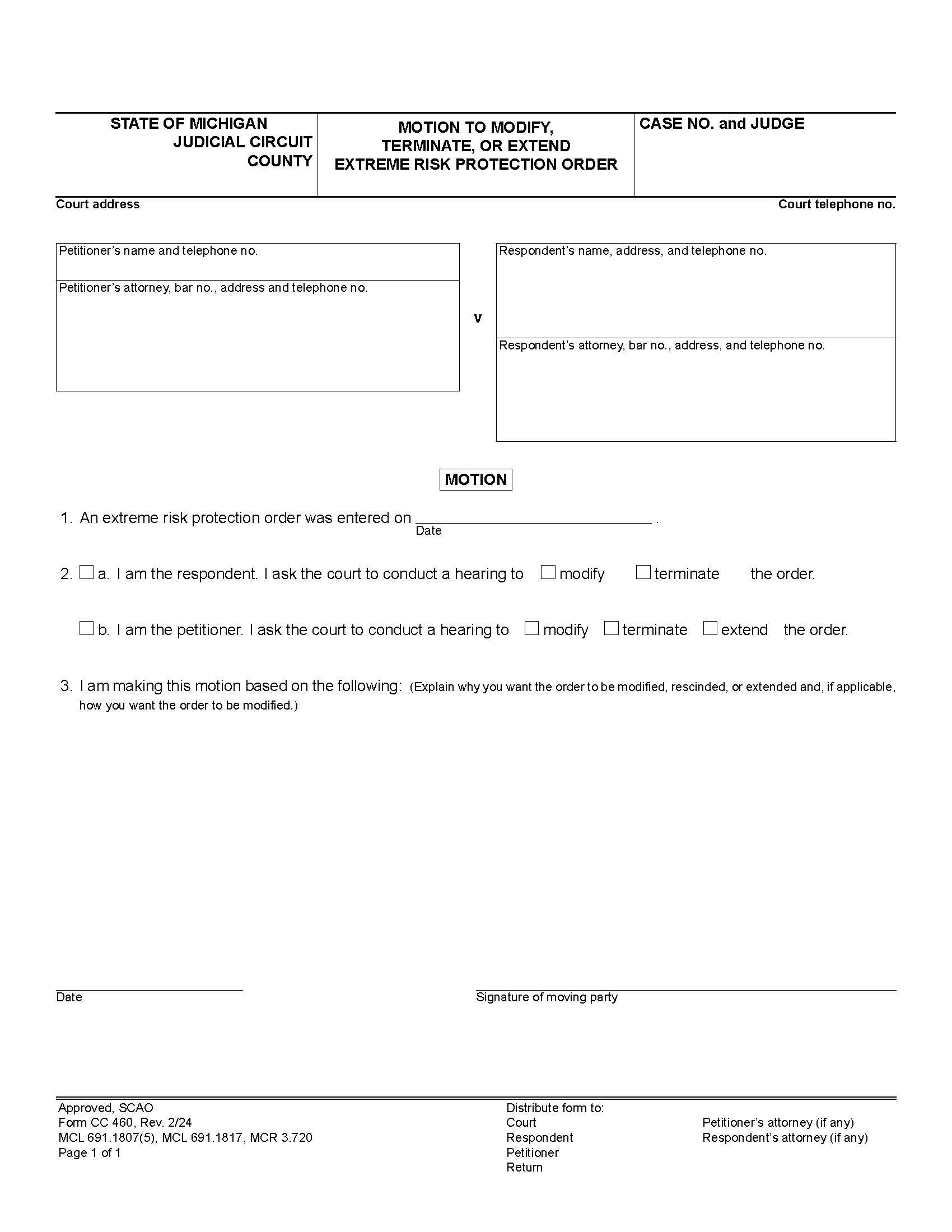 Motion To Modify Terminate Or Extend Extreme Risk Protection Order {CC 460} | Pdf Fpdf Docx | Michigan