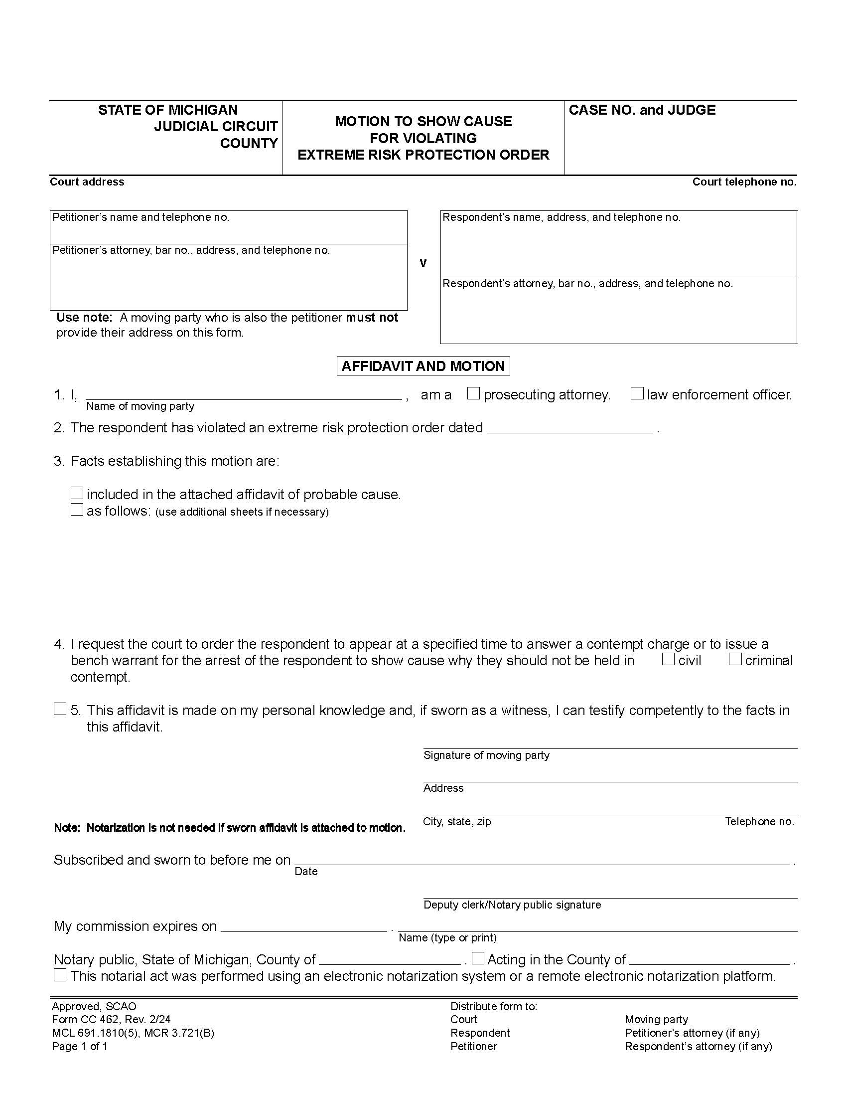 Motion To Show Cause For Violating Extreme Risk Protection Order {CC 462} | Pdf Fpdf Docx | Michigan