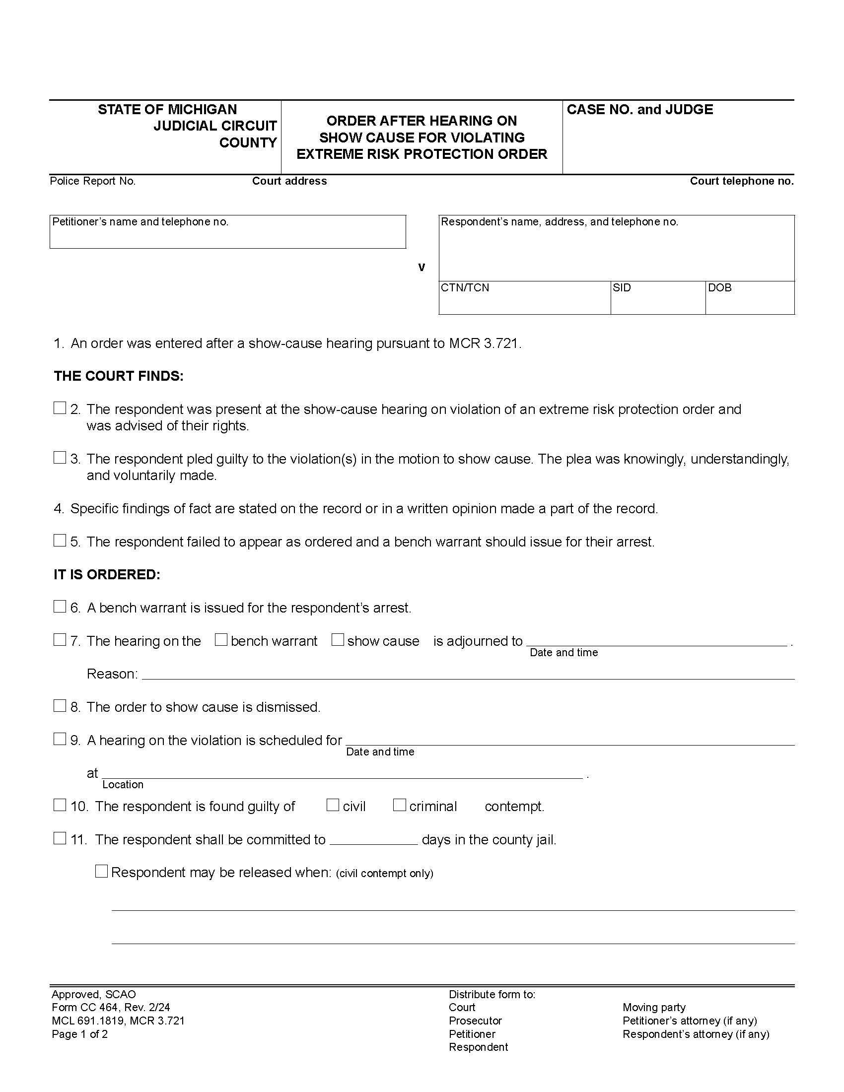 Order After Hearing On Show Cause For Violating Extreme Risk Protection Order {CC 464} | Pdf Fpdf Docx | Michigan