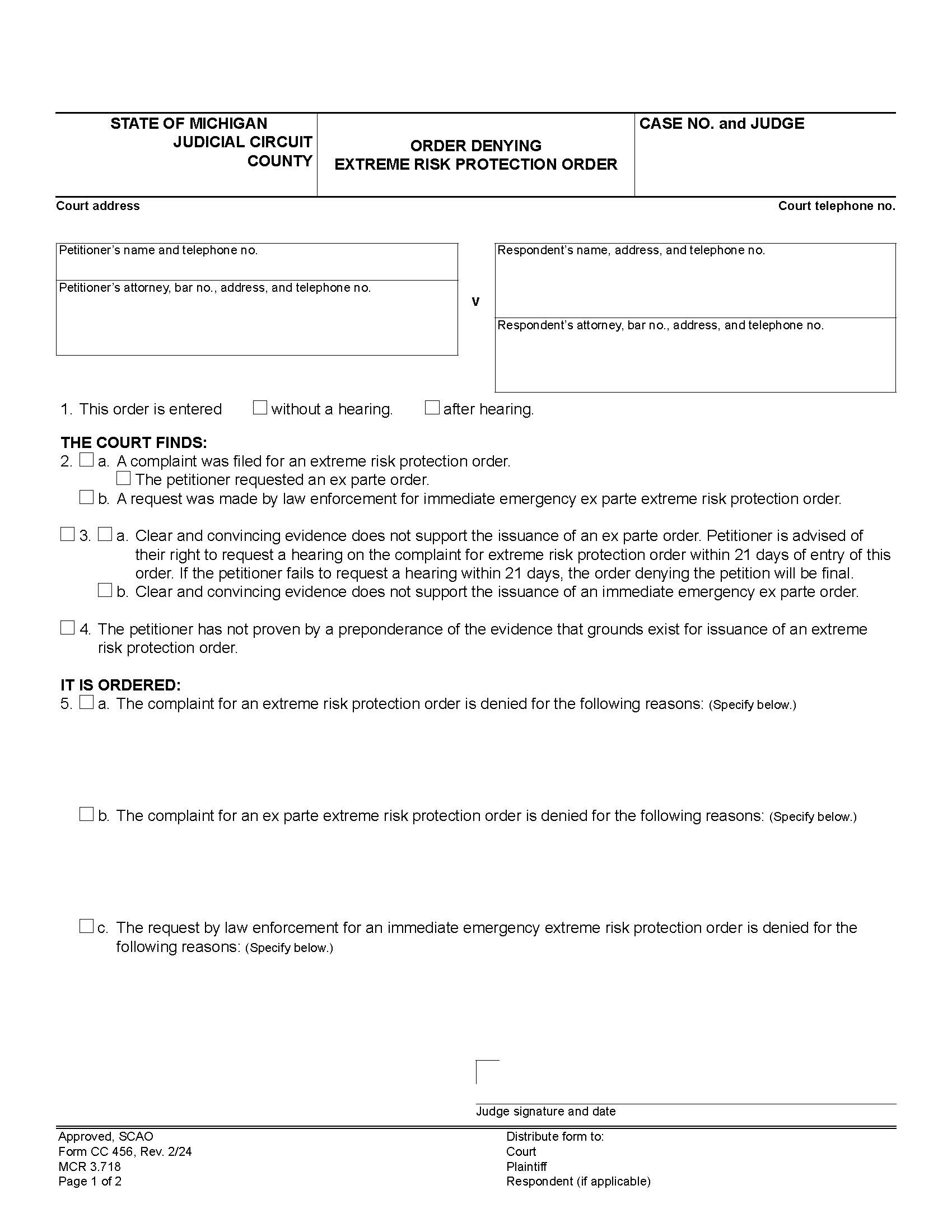 Order Denying Extreme Risk Protection Order {CC 456} | Pdf Fpdf Docx | Michigan
