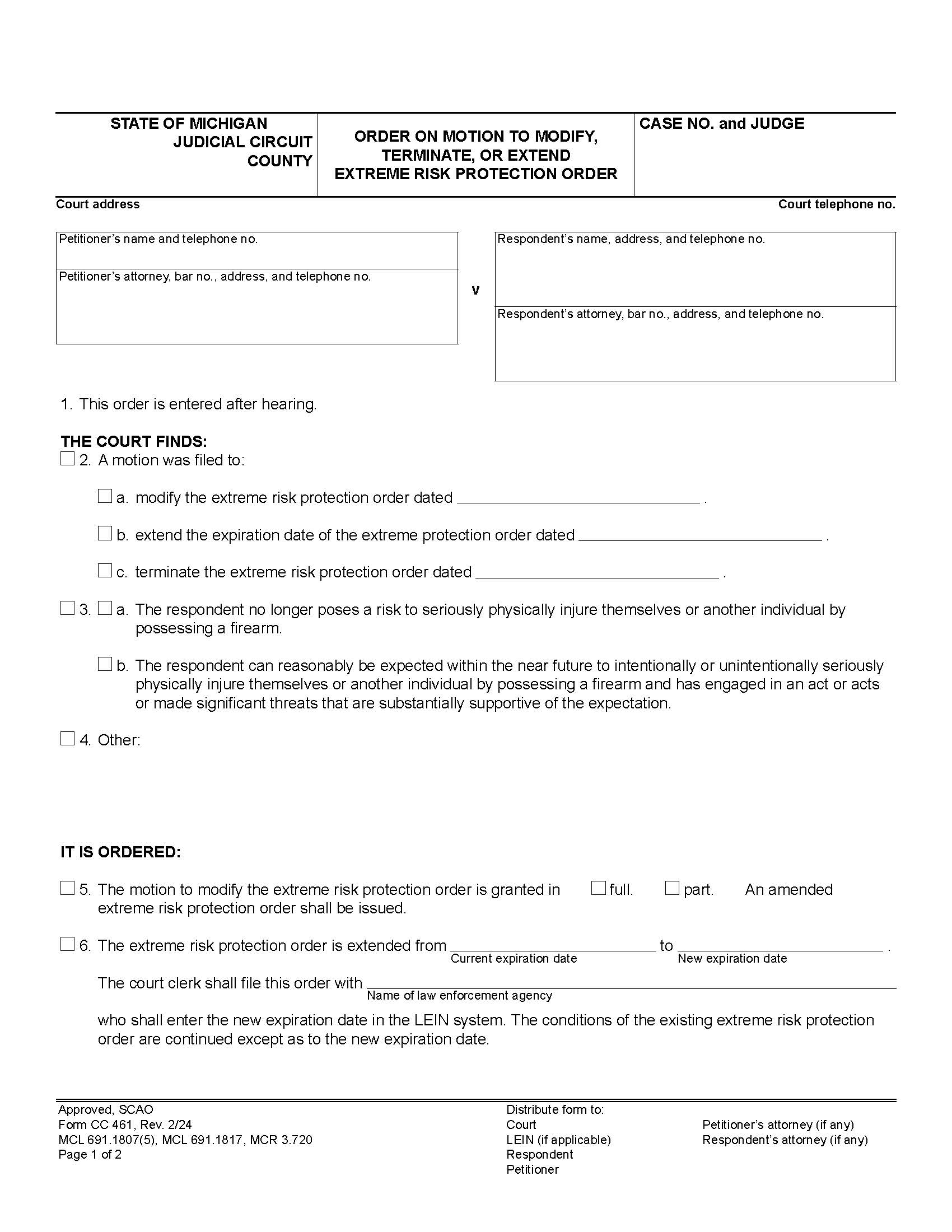 Order On Motion To Modify Terminate Or Extend Extreme Risk Protection Order {CC 461} | Pdf Fpdf Docx | Michigan