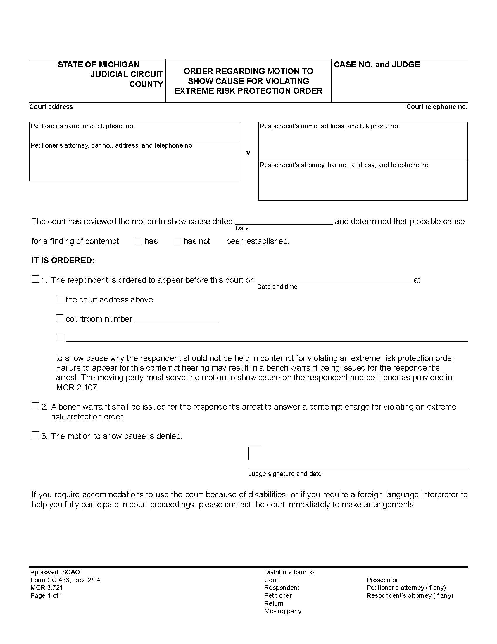 Order Regarding Motion To Show Cause For Violating Extreme Protection Order {CC 463} | Pdf Fpdf Docx | Michigan