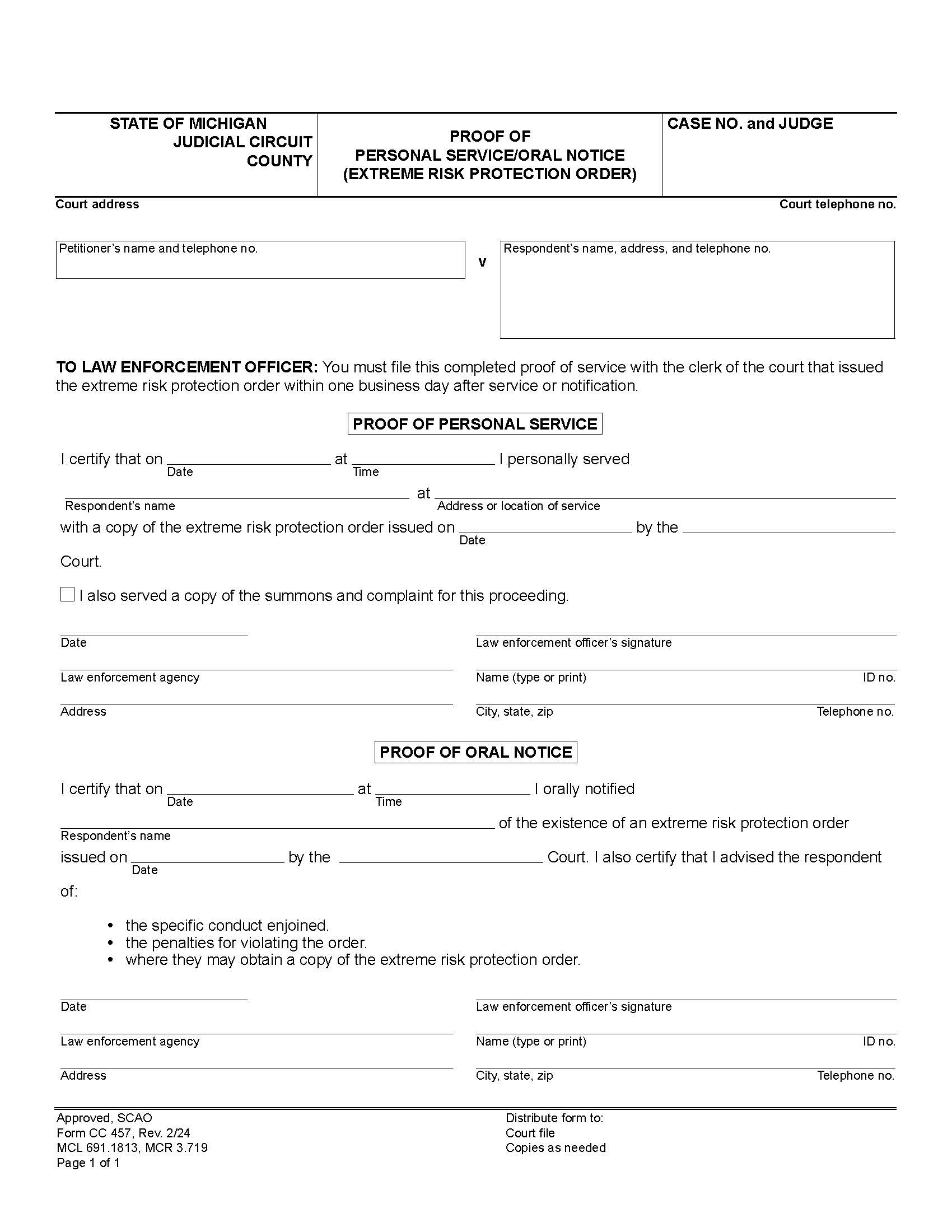 Proof Of Personal Service Oral Notice {CC 457} | Pdf Fpdf Docx | Michigan